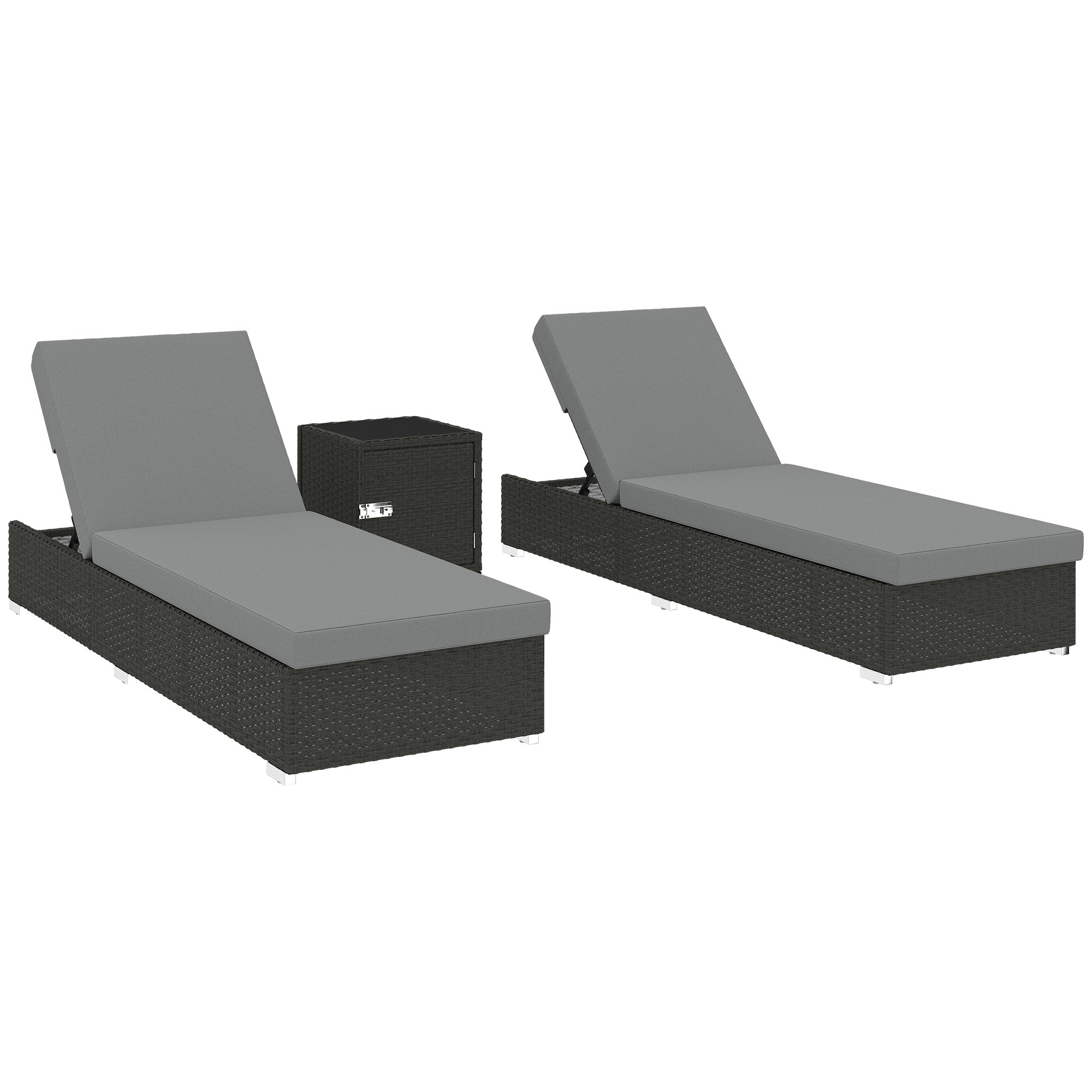 Rattan Adjustable Sun Loungers Set of 2 with Side Table, Recliner Sunbeds
