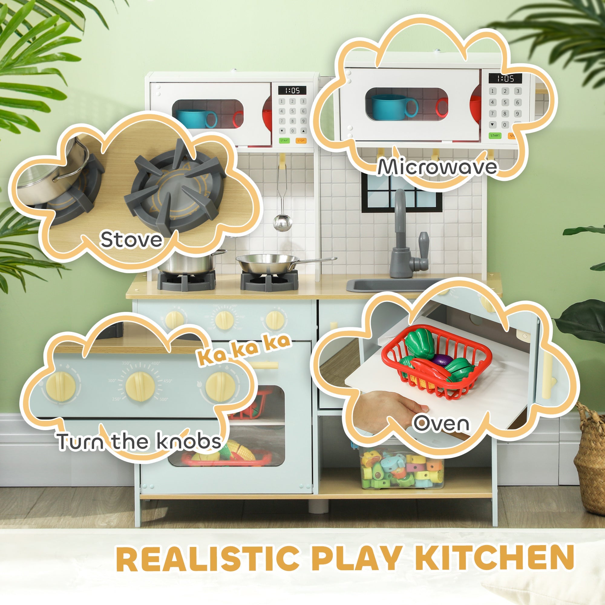 Kids Kitchen Playset with Light & Sound Stove, Turning Knobs, Cooking Accessories, 3+ years