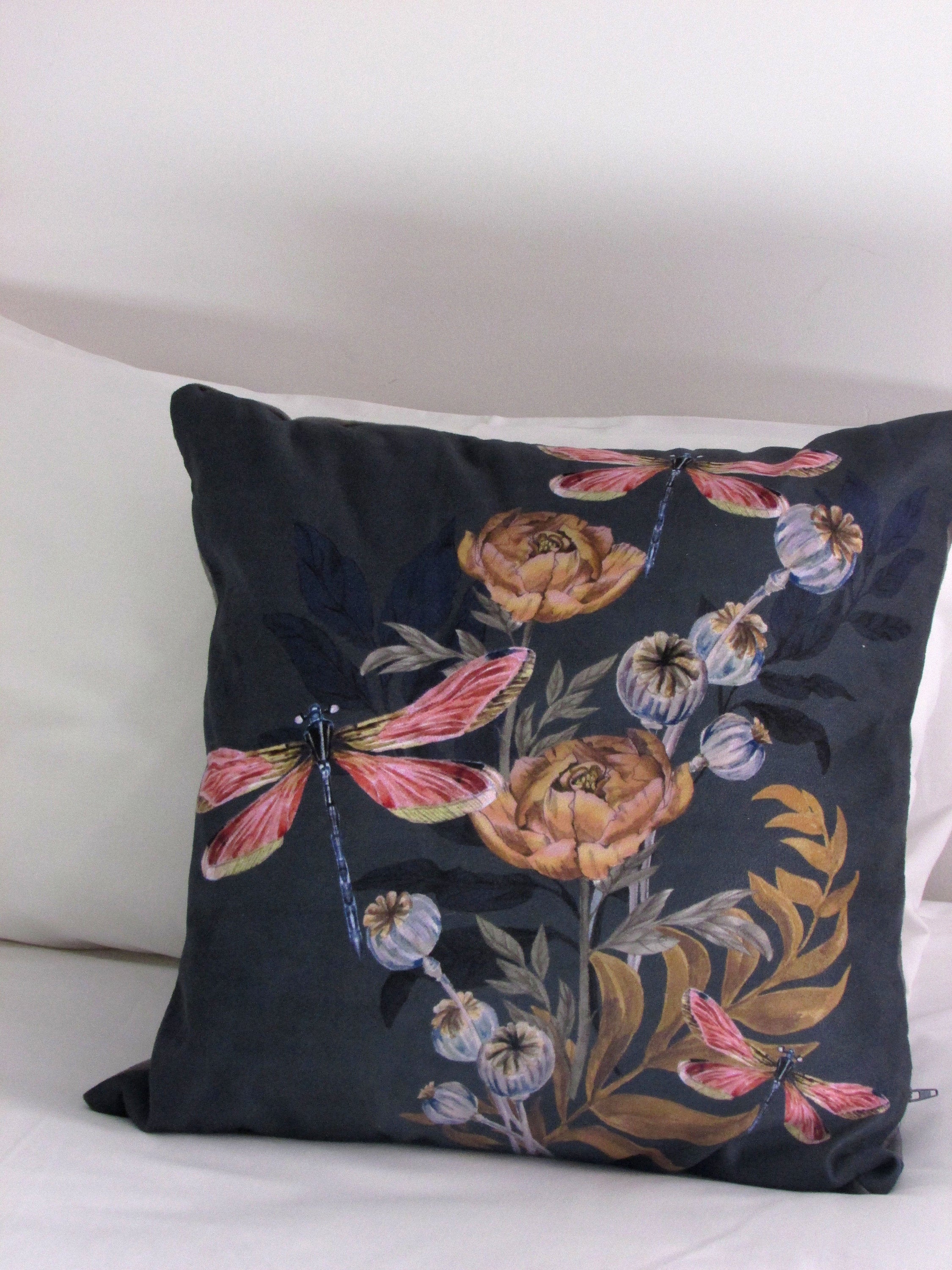 Indigo 'Dragonfly' Cushion with pink dragonflies and poppy seed heads