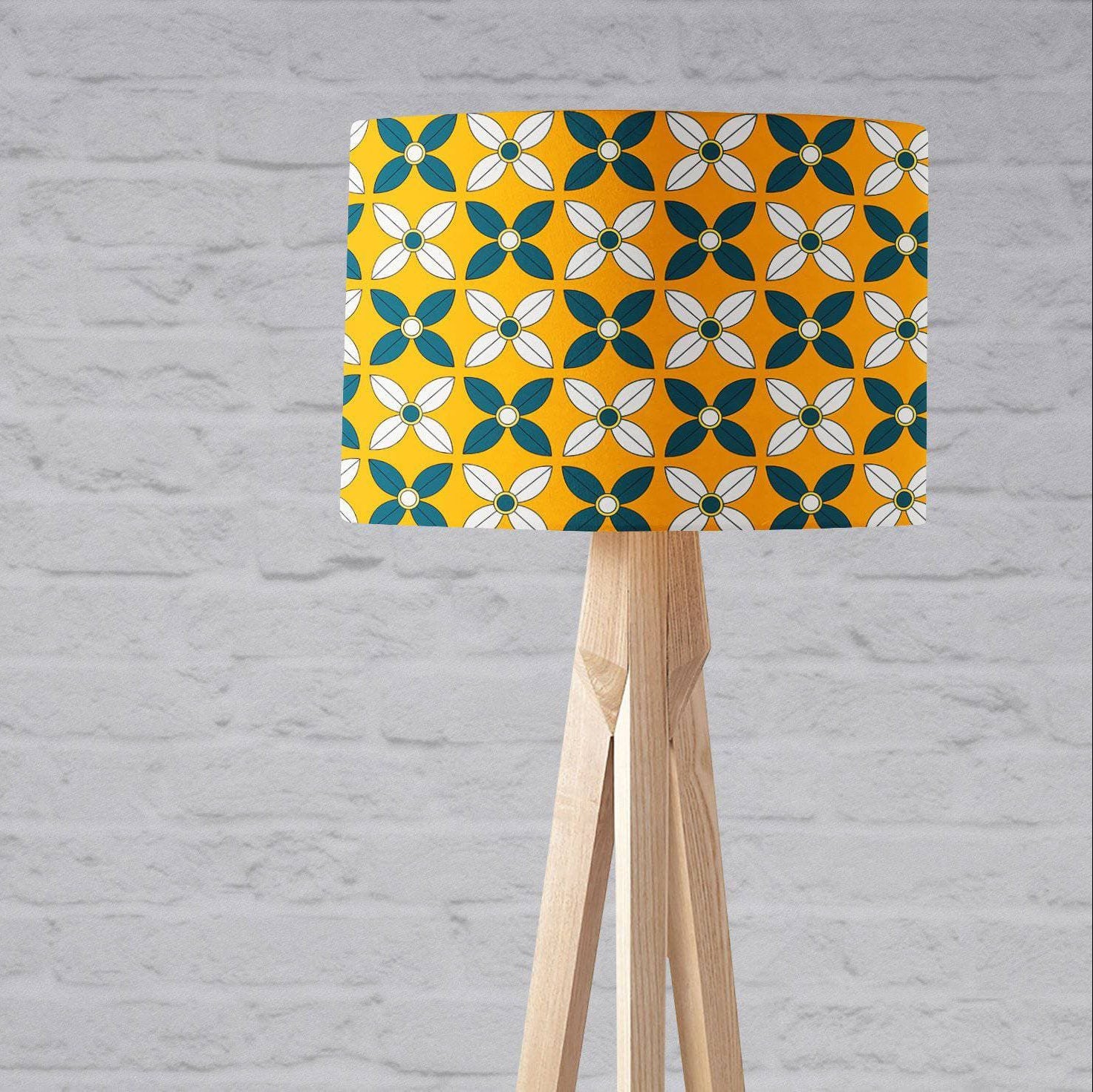 Yellow Lampshade with a  Retro Blue and White Design, Ceiling or Table Lamp Shade