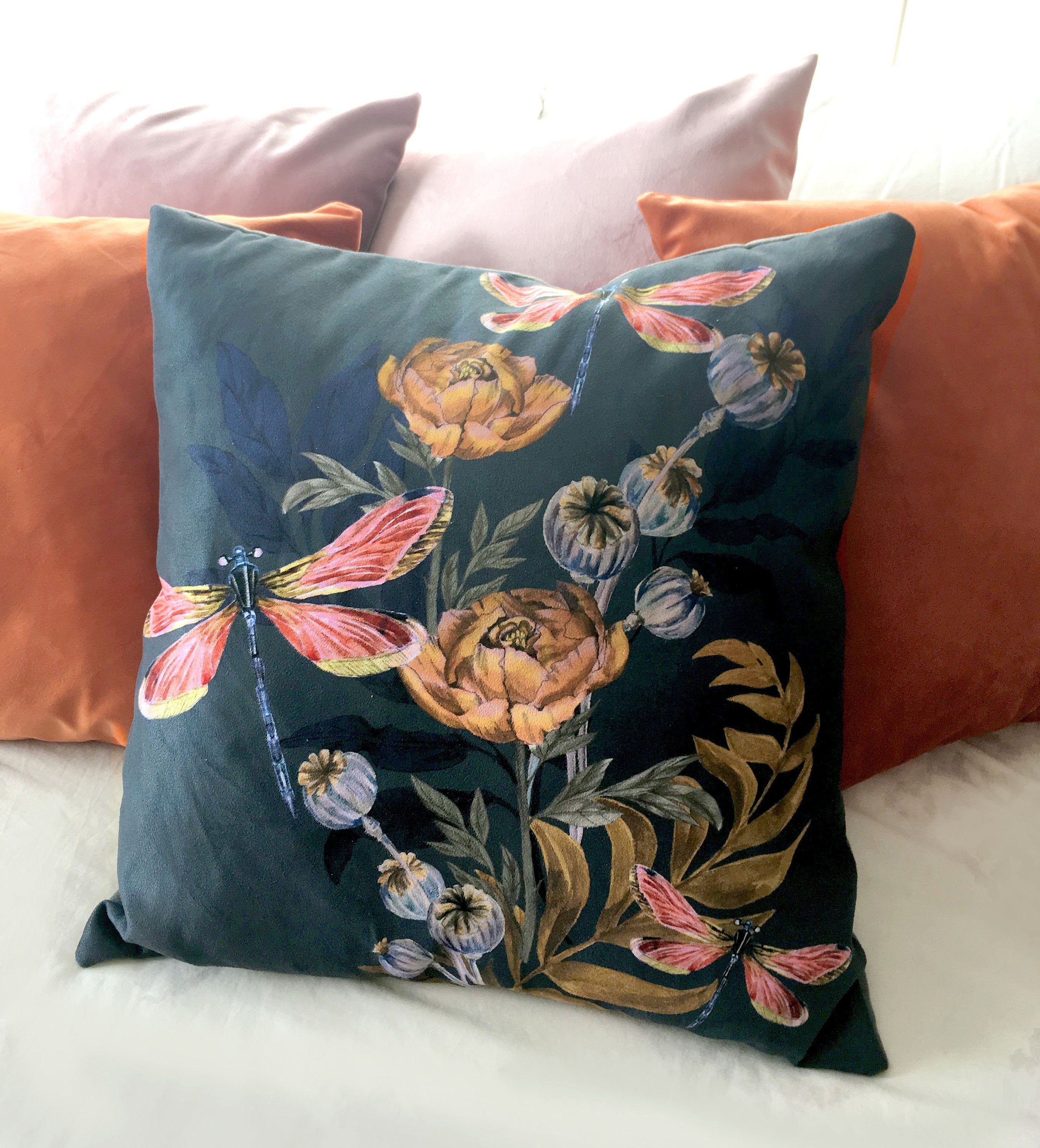Indigo 'Dragonfly' Cushion with pink dragonflies and poppy seed heads