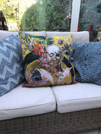 Large Yellow Art Cushion - skull design-  double sided, made from Vegan friendly Suede