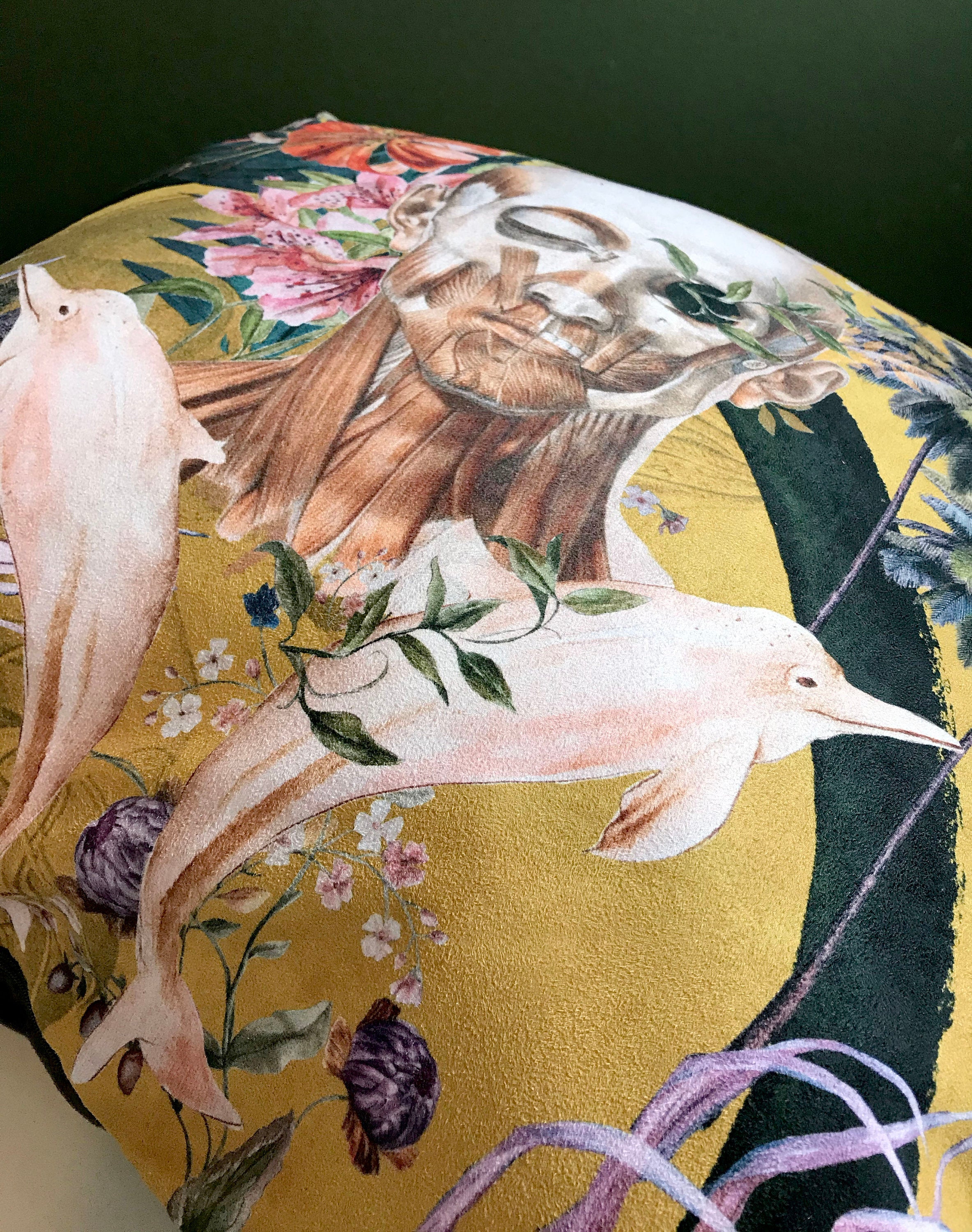 Large Yellow Art Cushion - skull design-  double sided, made from Vegan friendly Suede