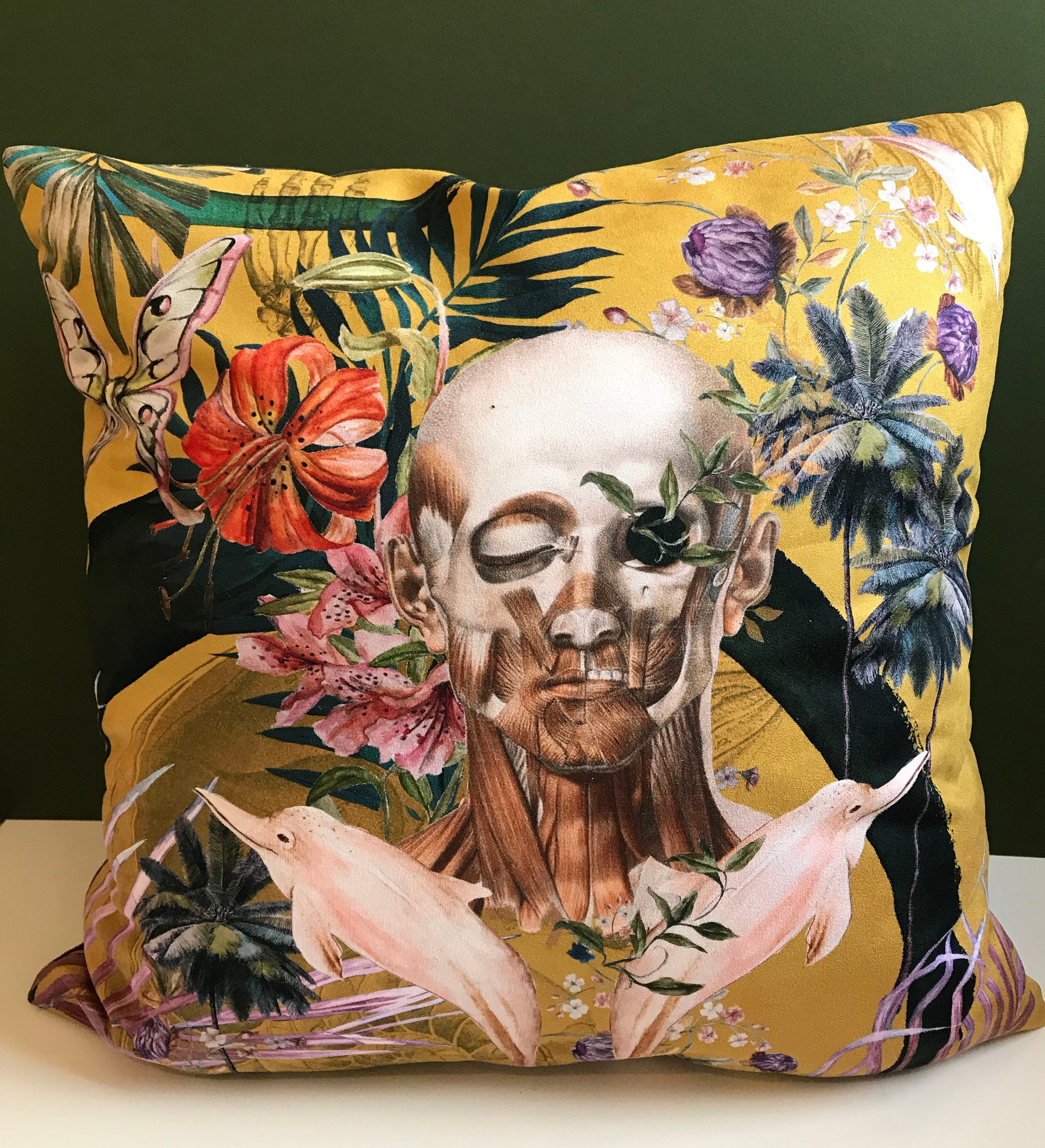 Large Yellow Art Cushion - skull design-  double sided, made from Vegan friendly Suede