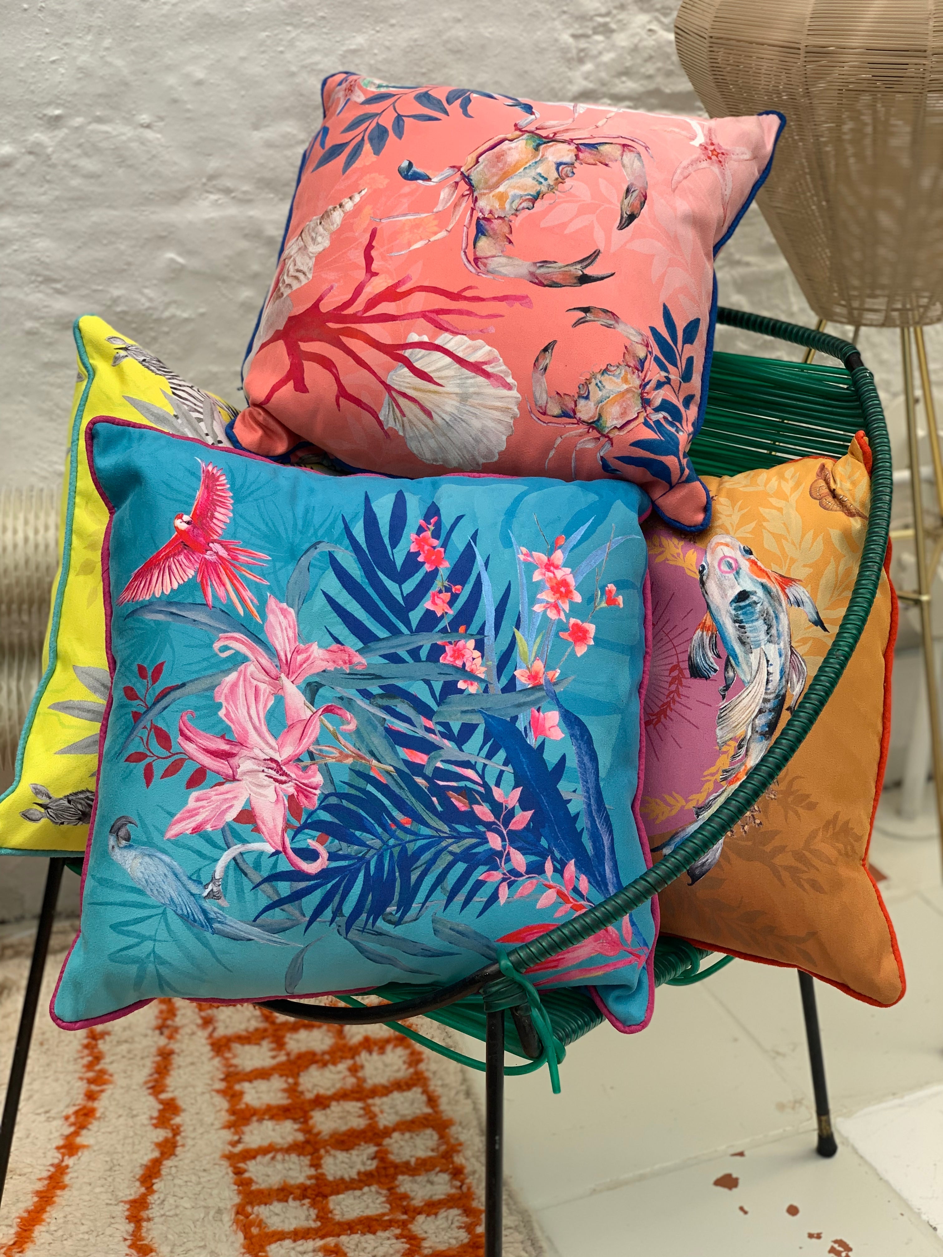 Turquoise Tropical Art Cushion - double sided, made from Vegan friendly Suede