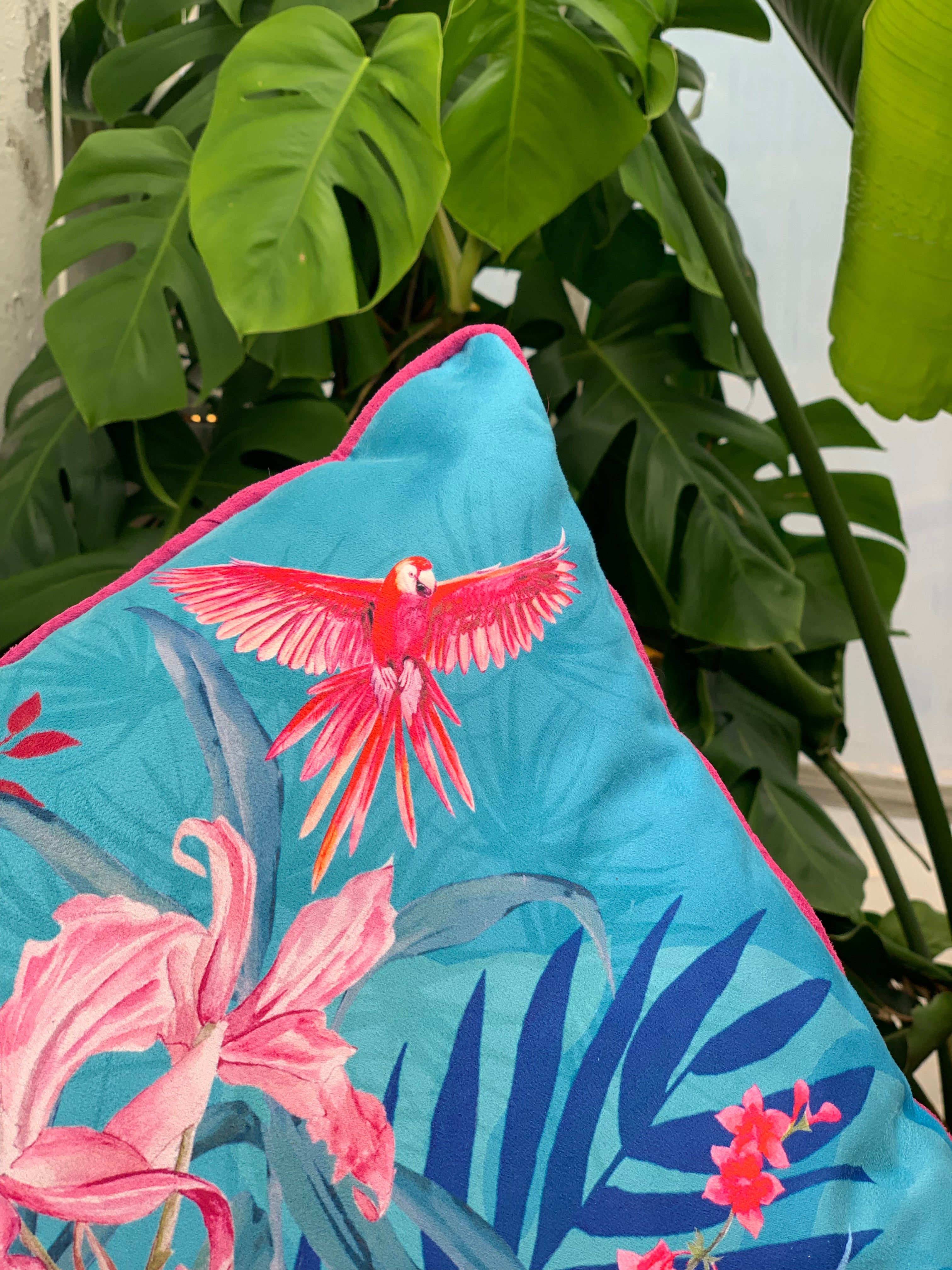 Turquoise Tropical Art Cushion - double sided, made from Vegan friendly Suede