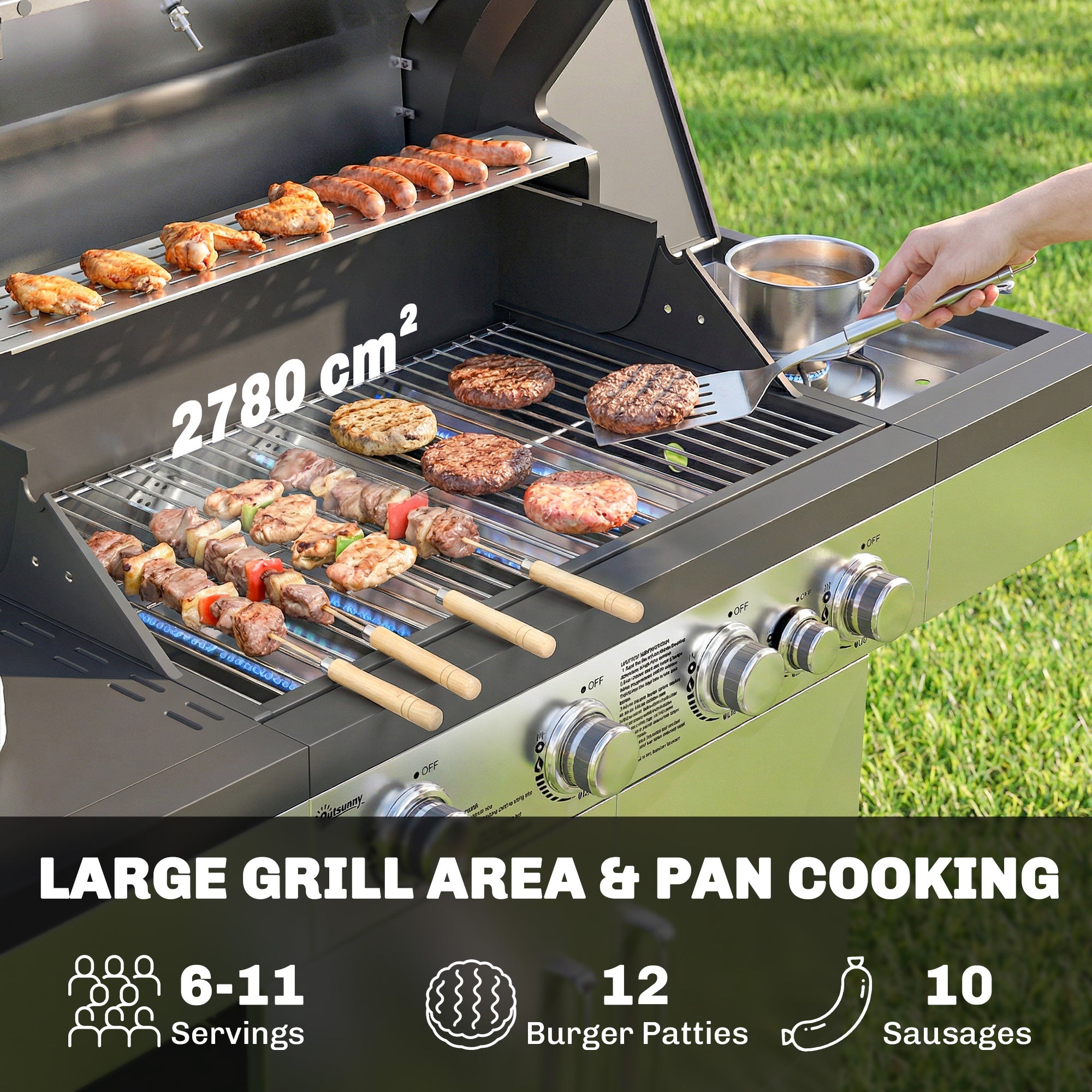 4+1 Portable Gas BBQ Grill with Side Burner, Warming Rack, Side Shelf, Storage Cabinet