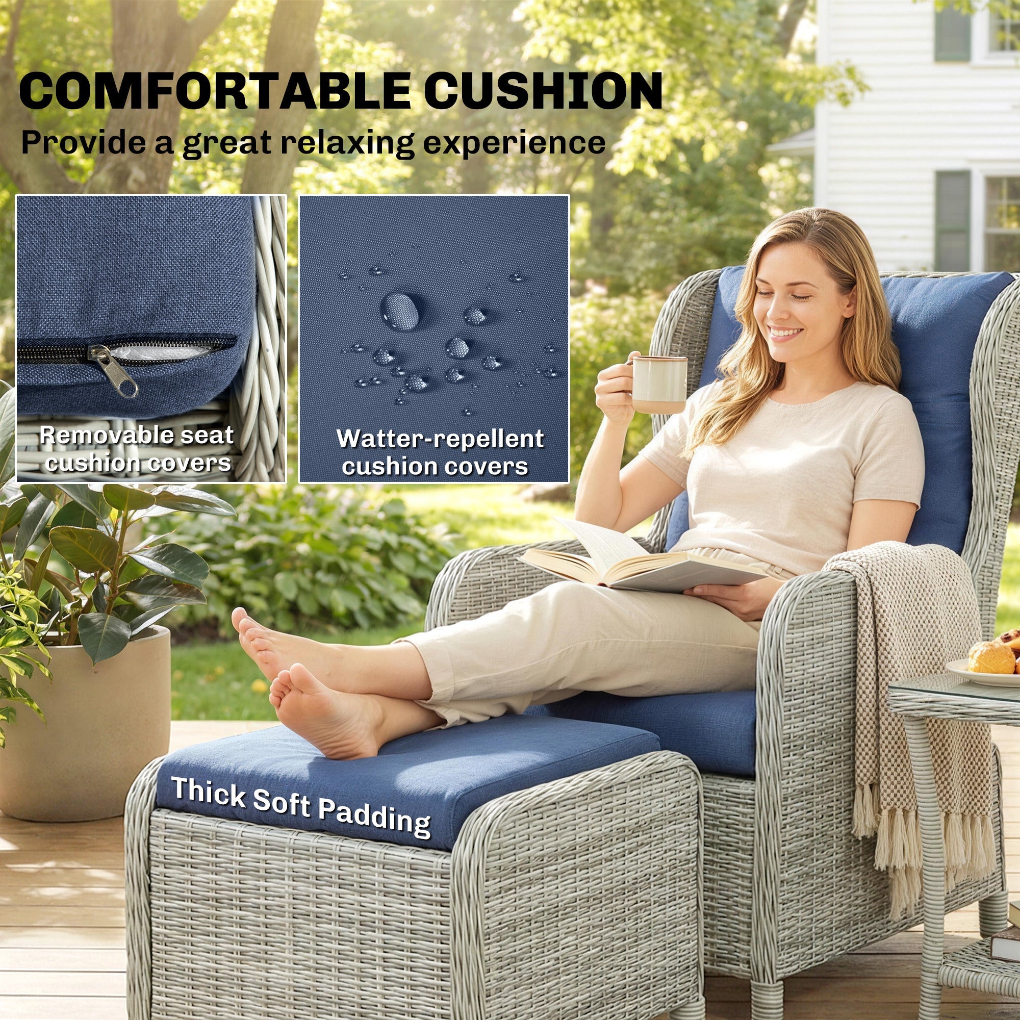 5 Piece Rattan Garden Furniture Set, Reclining Chair Set of 2 with Footstool
