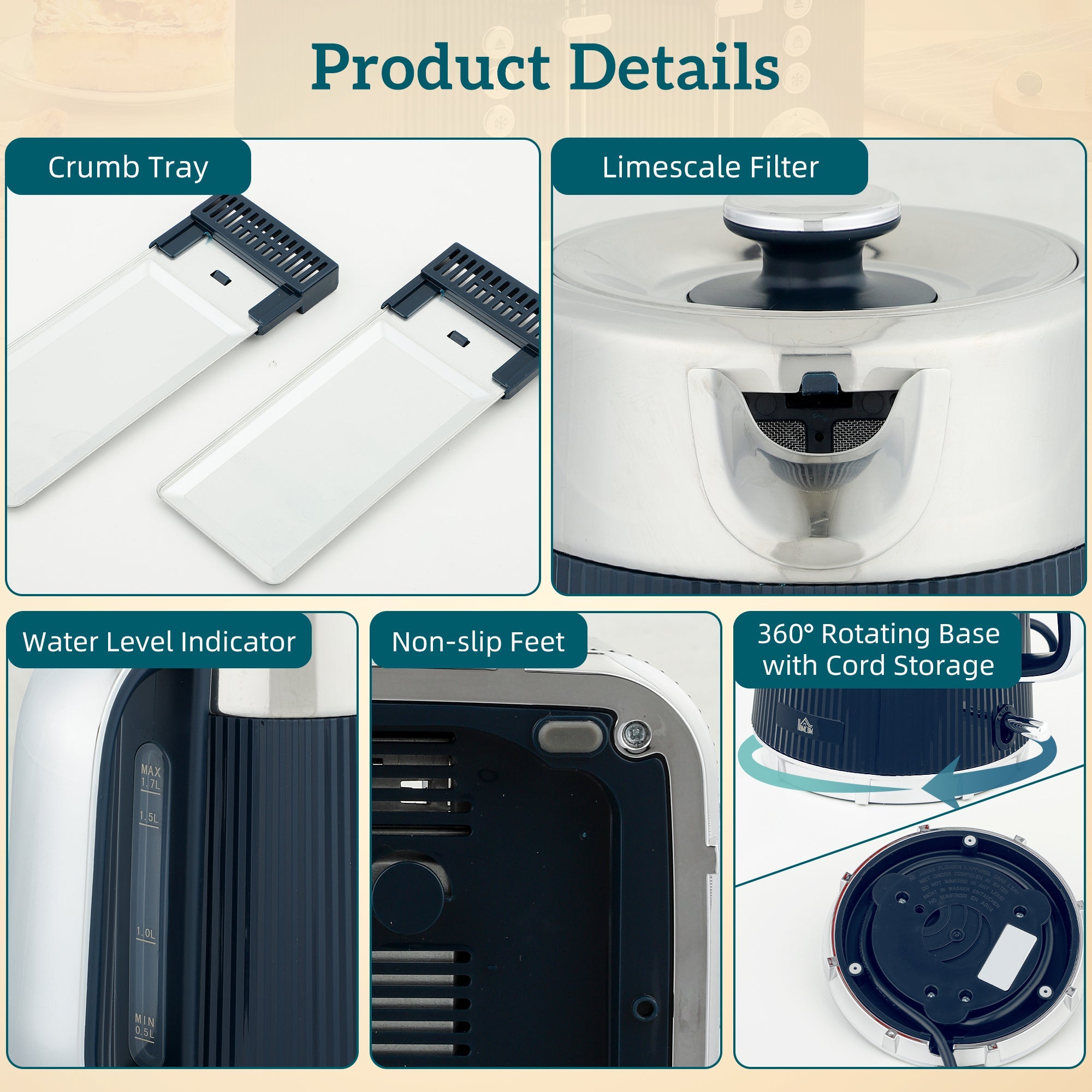 Electric Stainless Steel Kettle and Toaster Set - Navy