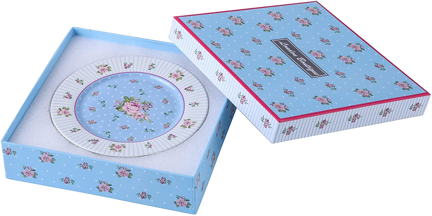Porcelain Gift Set -  4 Cake Plates , Fine China - Chic Vintage Floral - Gift Box (Blue Rose)