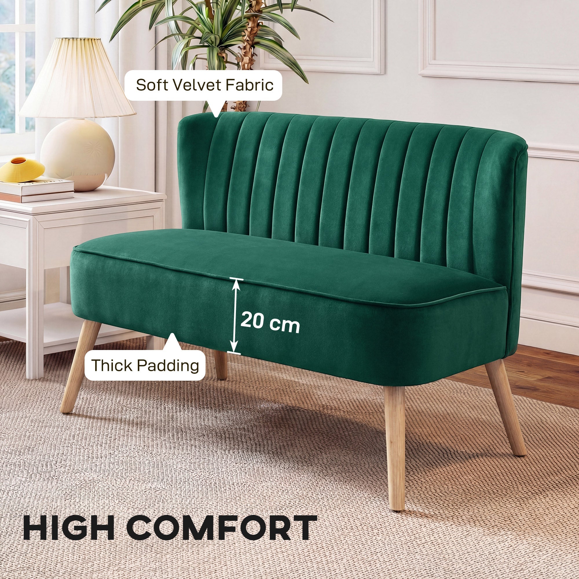 Loveseat 2 Seater Sofa Upholstered with Thick Padded Seat and Rubber Wood Legs, Dark Green