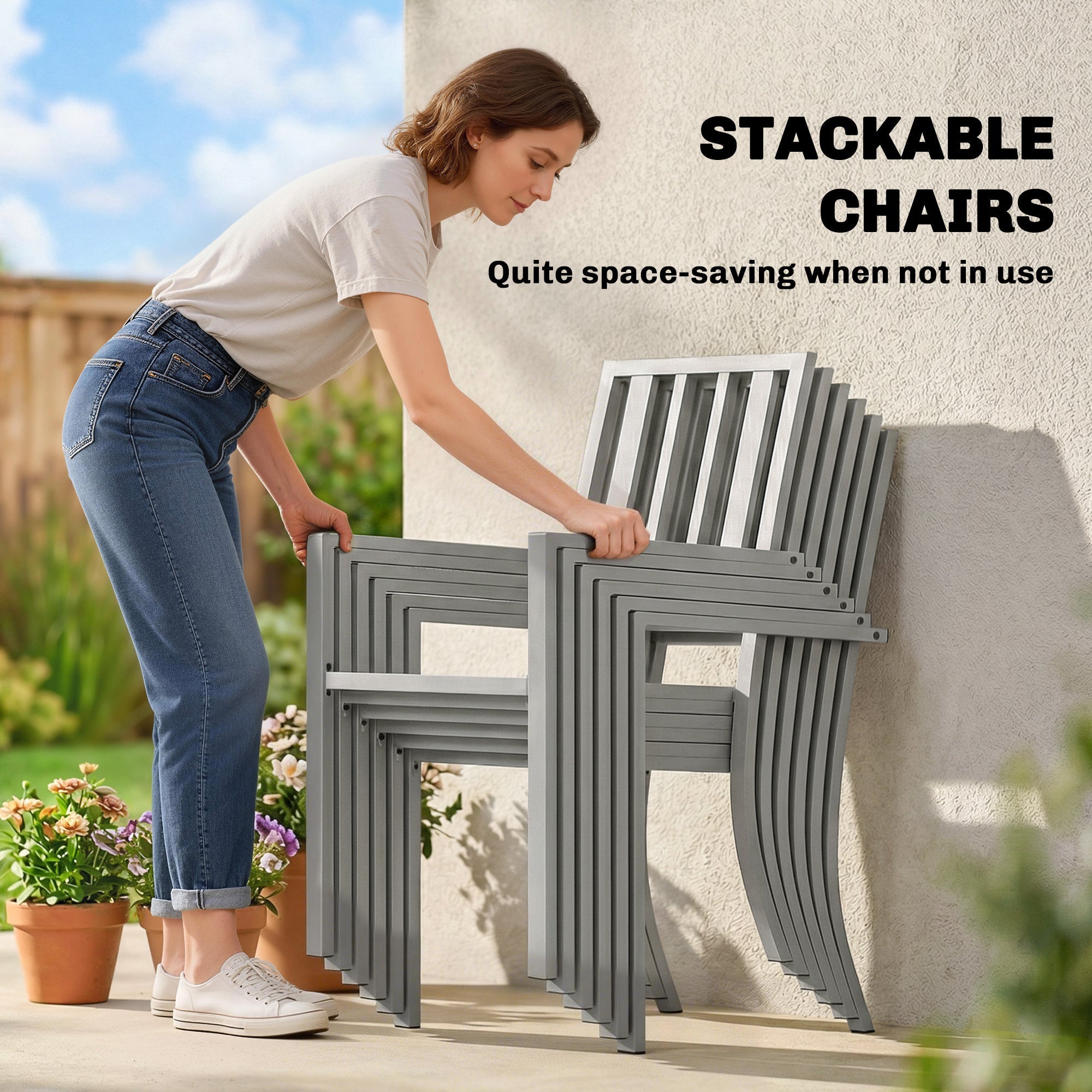 7 Pieces Garden Table and Chairs, 6 Seater Outdoor Table and Chairs with Umbrella Hole,