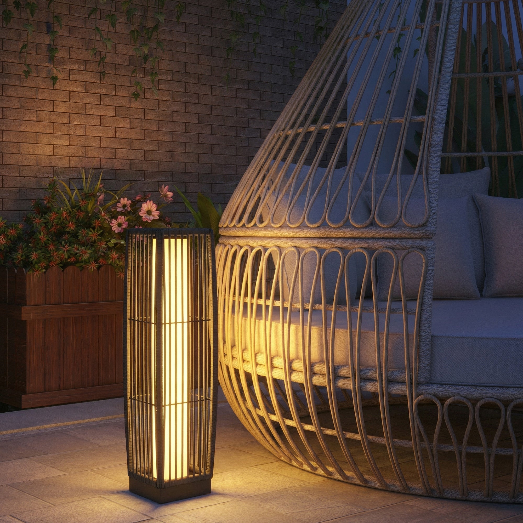 Solar Rattan Floor Lamp/ Garden Lantern with Auto-switch LED Lights, IP44