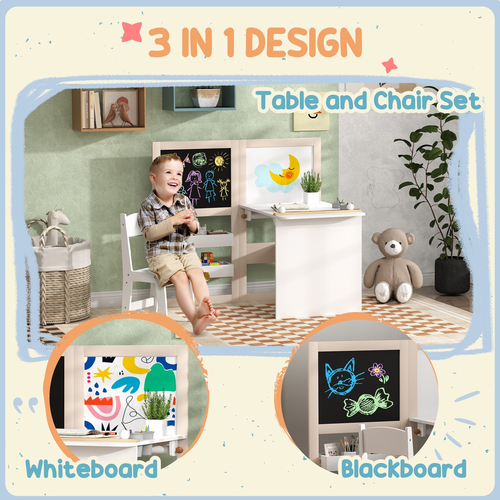 Kids Table and Chair Set with Storage, Whiteboard, Blackboard  for 3-8 Years