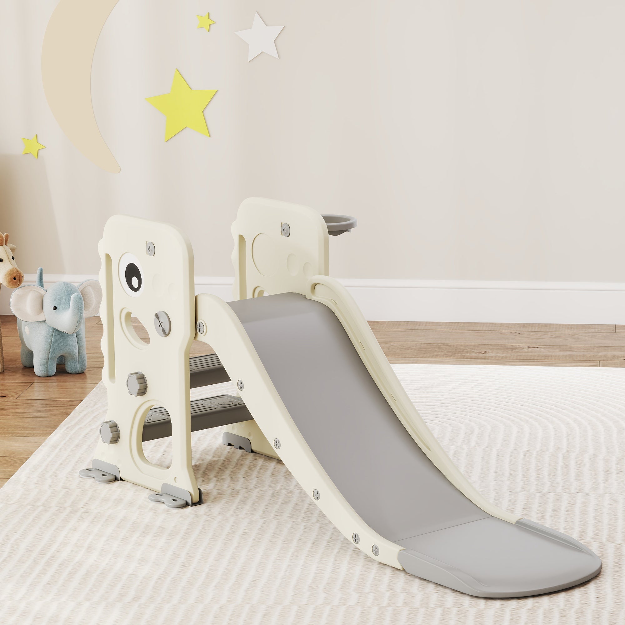 3 in 1 Kids Slide with Climber, Basketball Hoop and Ball, Foldable, Ages 2-5
