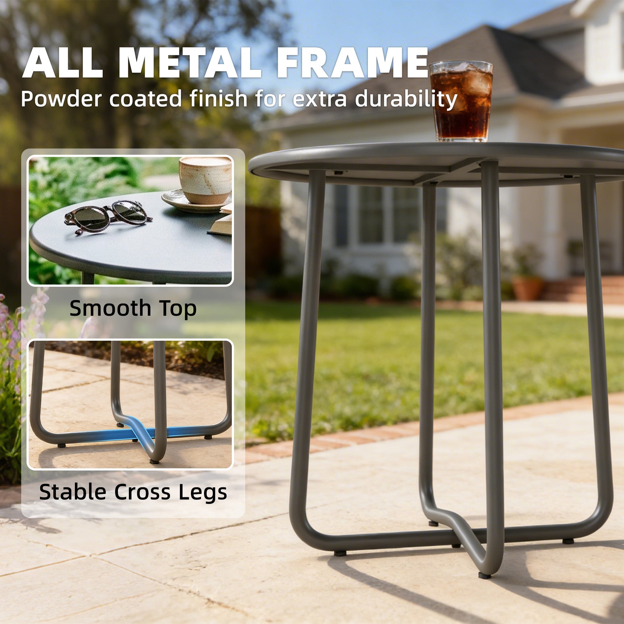 Small Metal, Round Garden Side Table with Rolled Edge, Dark Grey