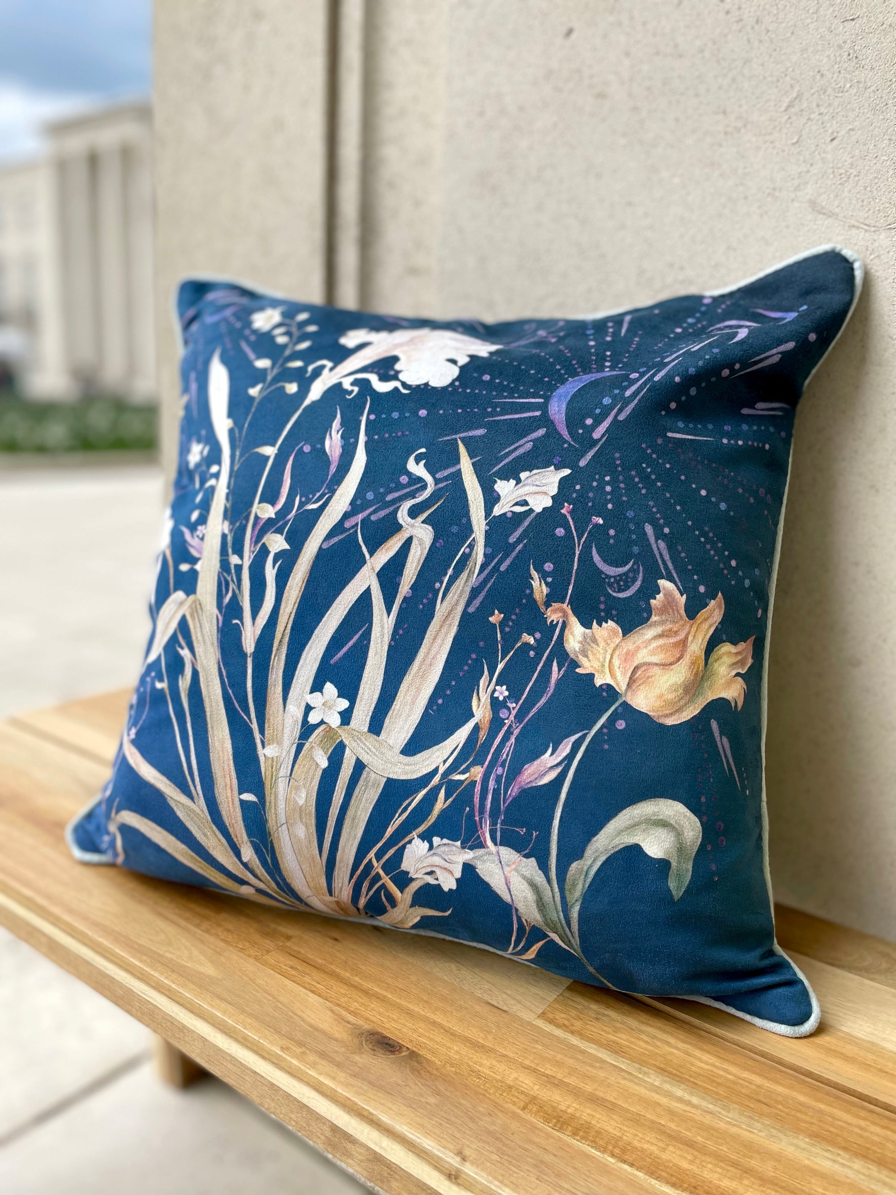 Navy Floral 'Midnight' Art Cushion - double sided, made from Vegan friendly Suede