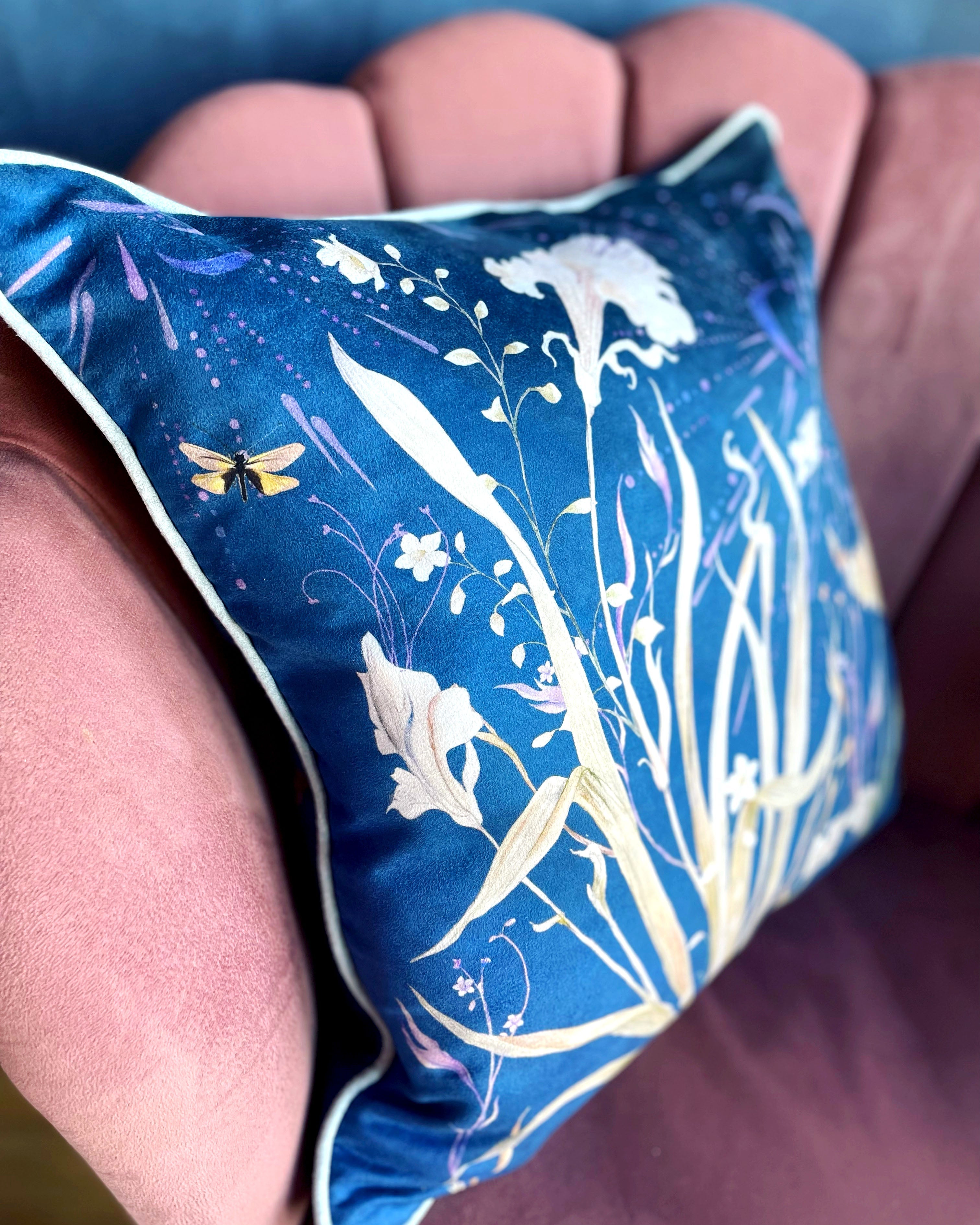 Navy Floral 'Midnight' Art Cushion - double sided, made from Vegan friendly Suede
