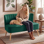 Loveseat 2 Seater Sofa Upholstered with Thick Padded Seat and Rubber Wood Legs, Dark Green