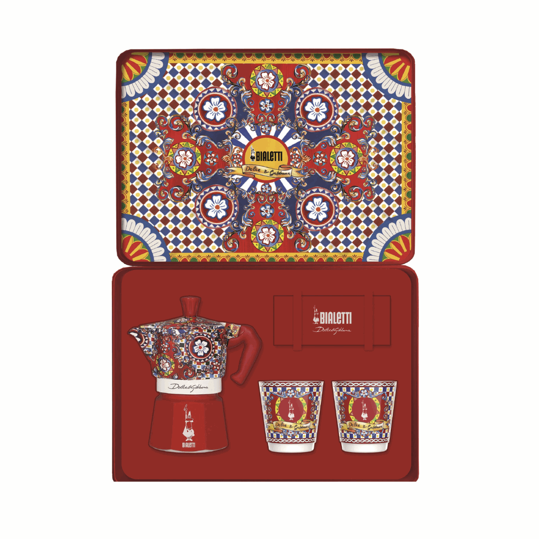 Bialetti x Dolce&Gabbana Sicilian Cart Gift Set – Moka 2 Cup, 2 Cups & Gold Stirrers