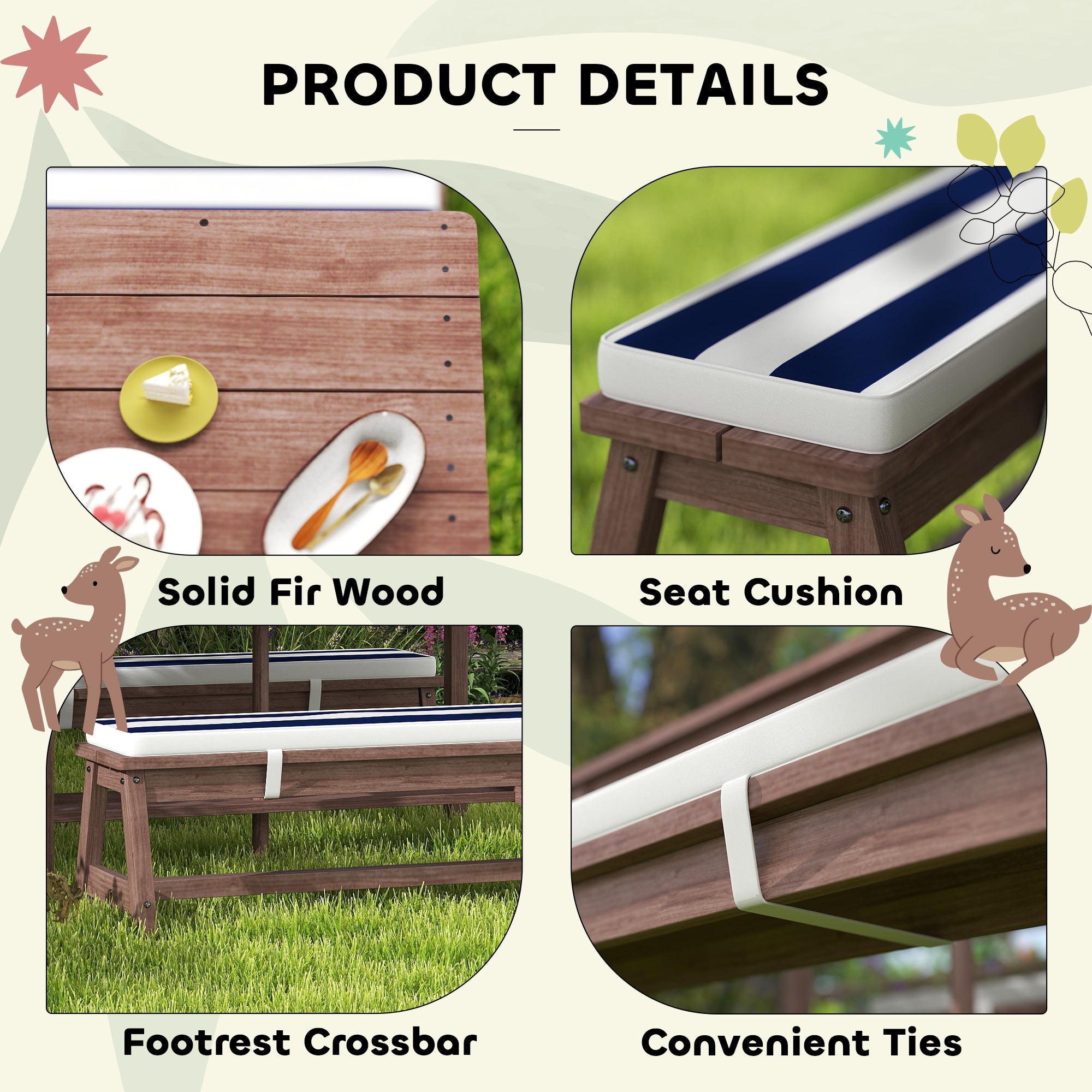 Wooden Kids Picnic Table & Bench Set with Cushions and Umbrella