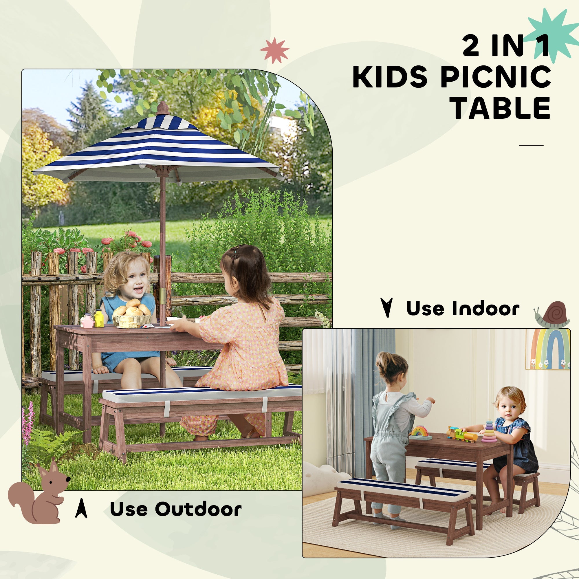 Wooden Kids Picnic Table & Bench Set with Cushions and Umbrella
