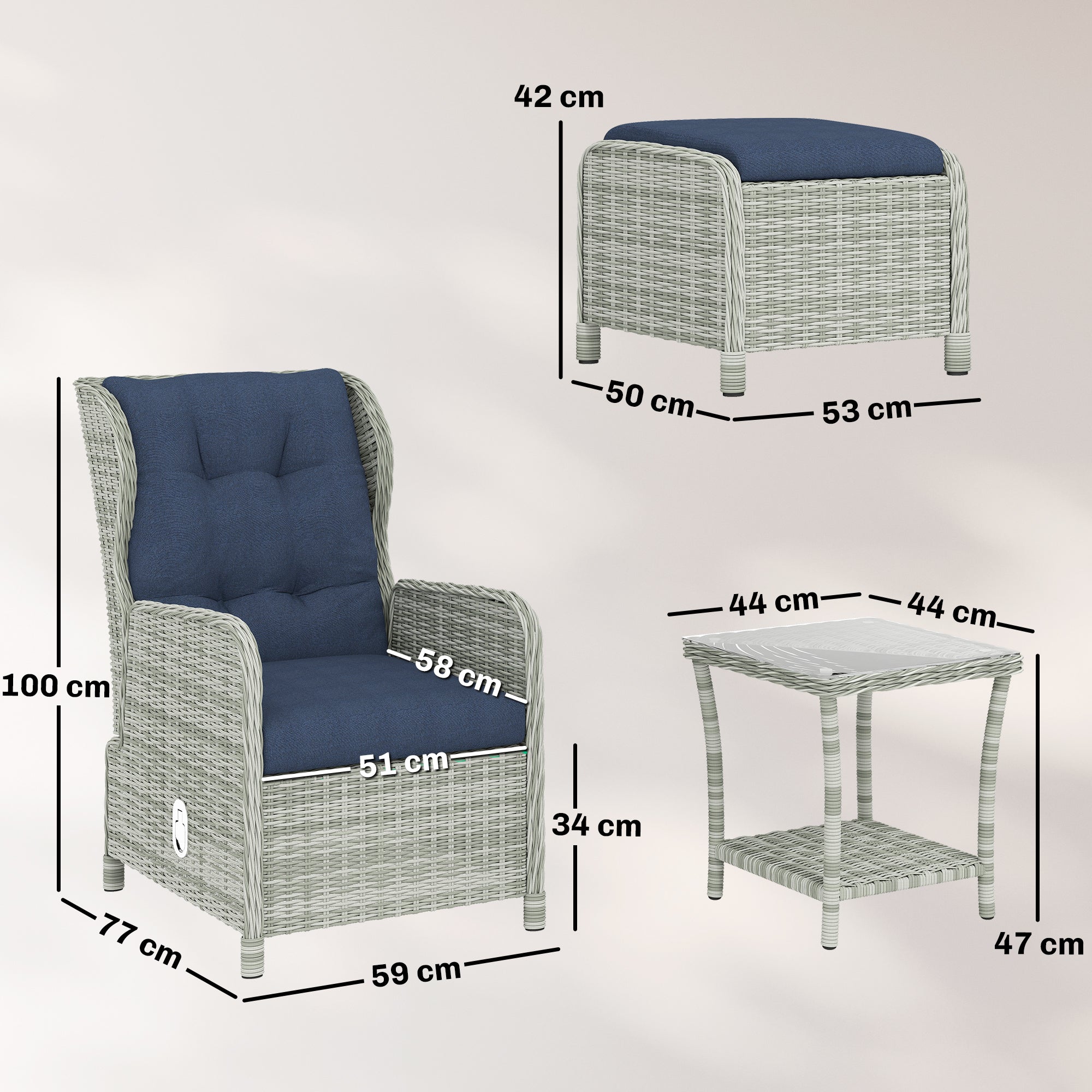 5 Piece Rattan Garden Furniture Set, Reclining Chair Set of 2 with Footstool