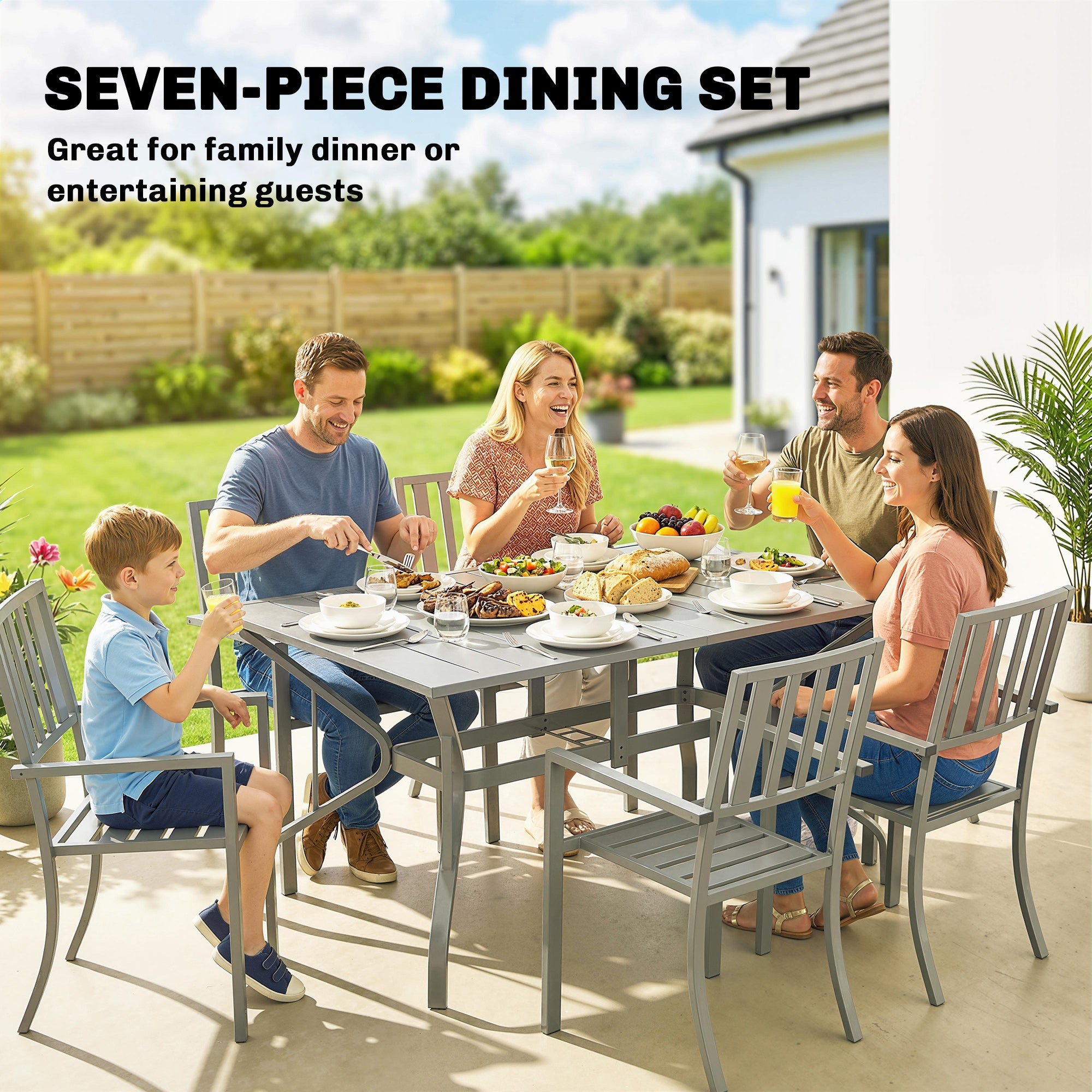 7 Pieces Garden Table and Chairs, 6 Seater Outdoor Table and Chairs with Umbrella Hole,
