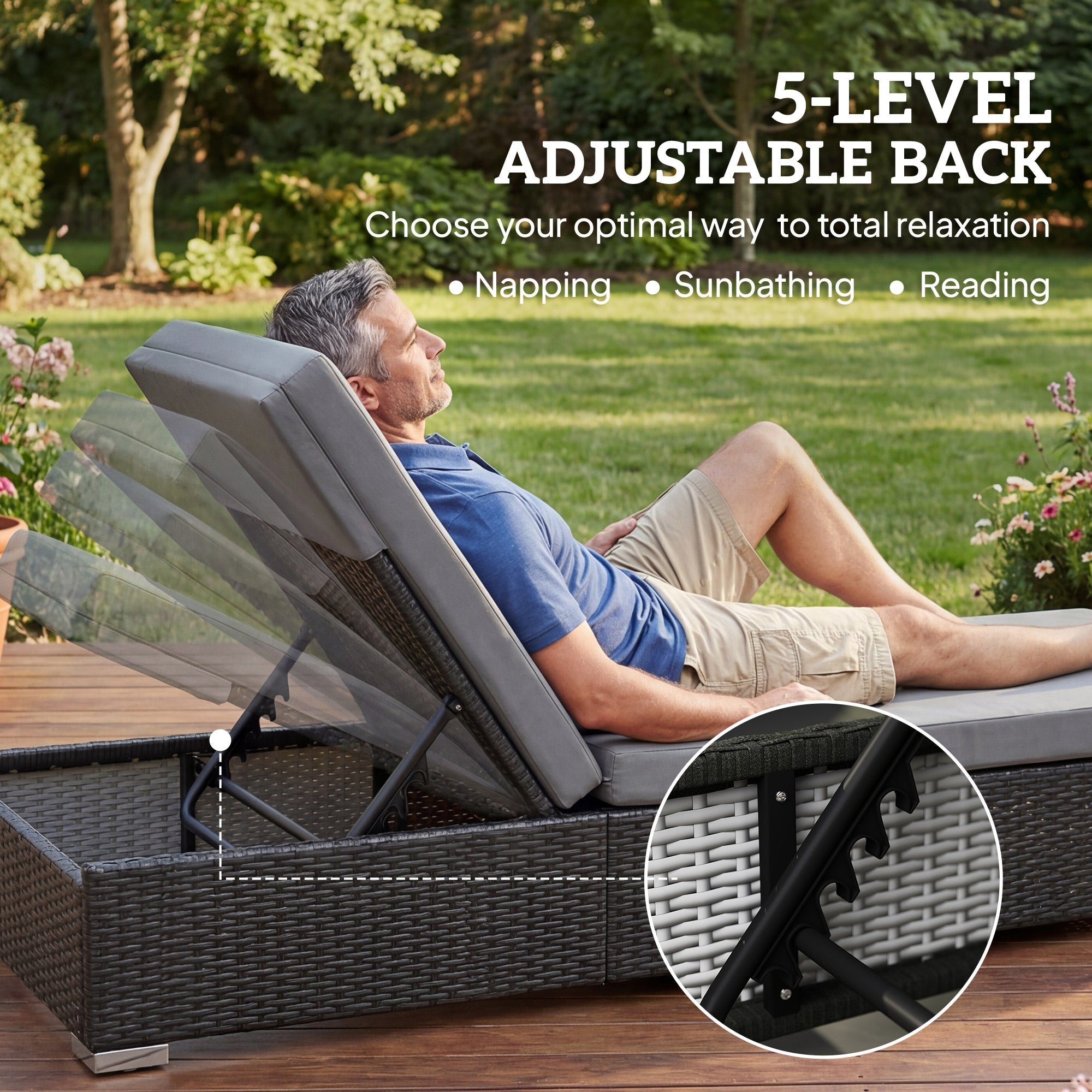 Rattan Adjustable Sun Loungers Set of 2 with Side Table, Recliner Sunbeds
