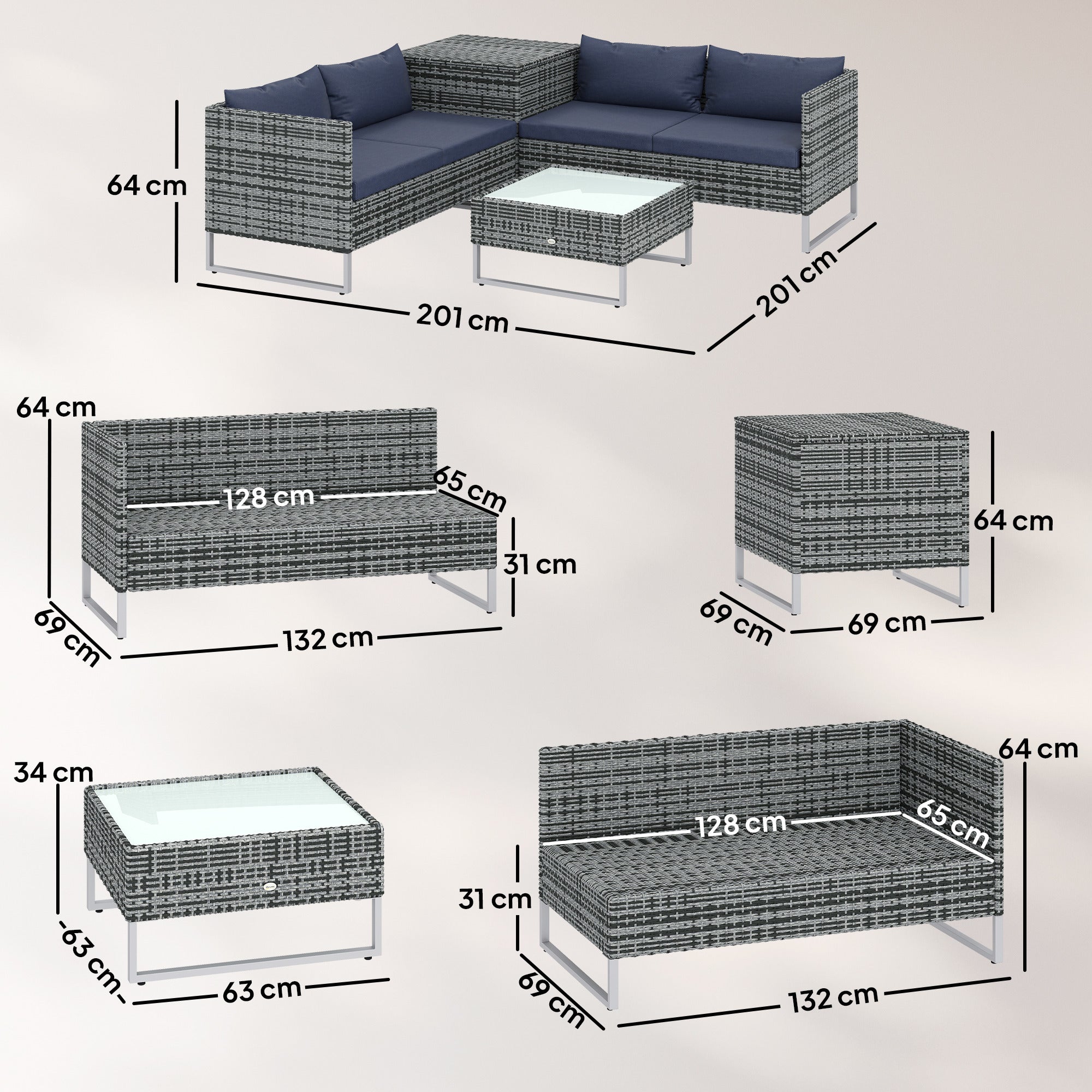 4 Piece Rattan Garden Furniture Set, Corner Sofa Set with Storage Table