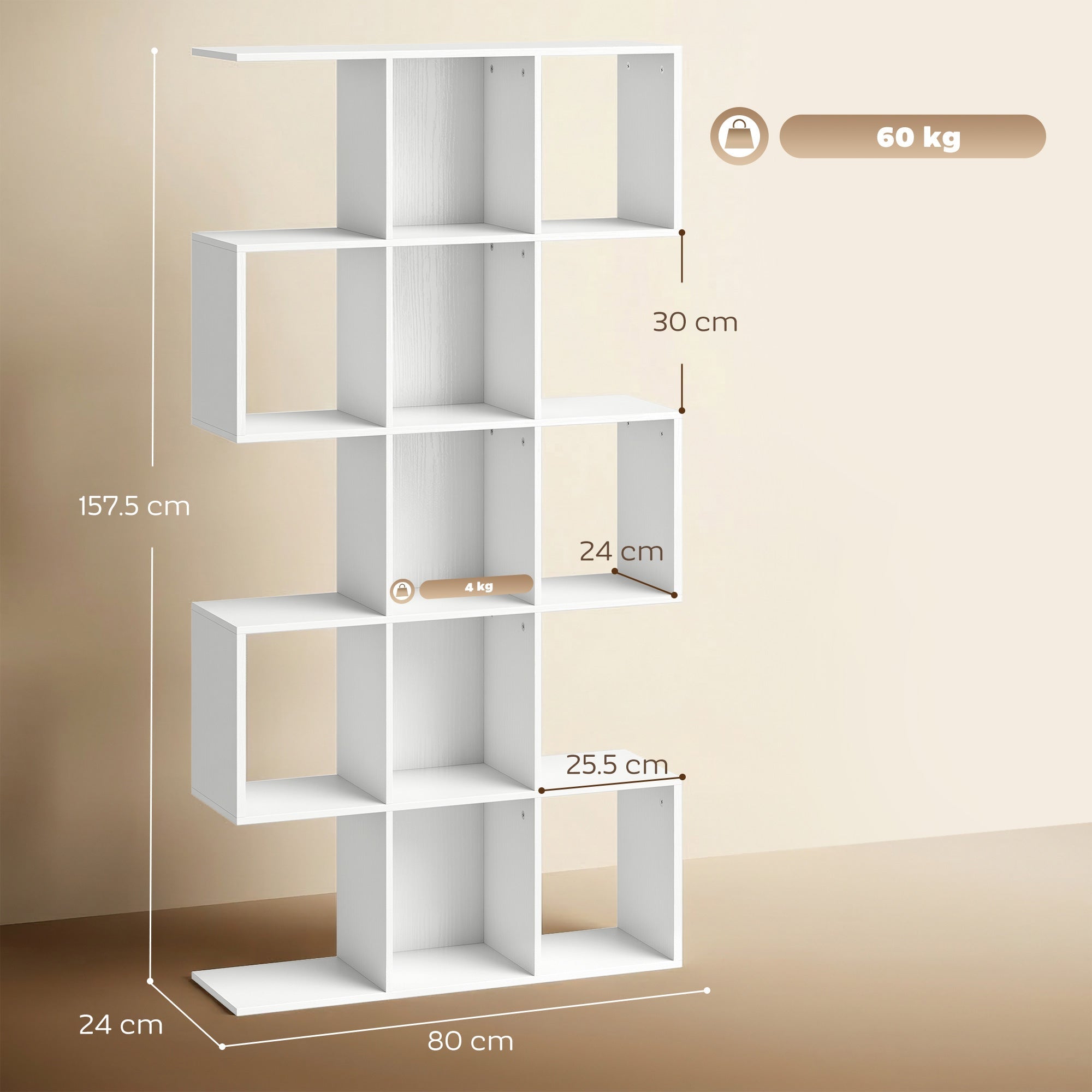 Bookshelf, S Shaped Geometric Bookcase with 15 Compartments, 5-Tier