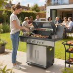 4+1 Portable Gas BBQ Grill with Side Burner, Warming Rack, Side Shelf, Storage Cabinet