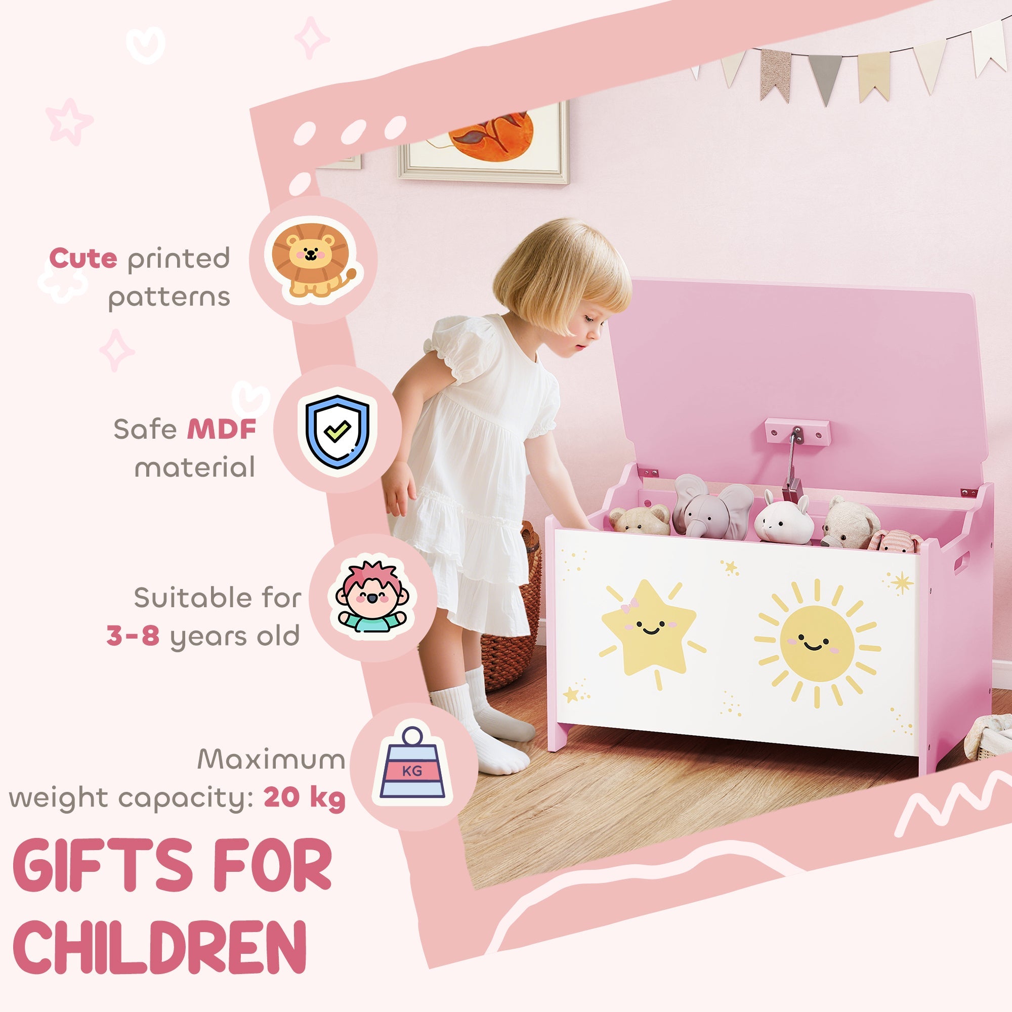 Toy Box with Lid, Safety Hinges and Groove Handles