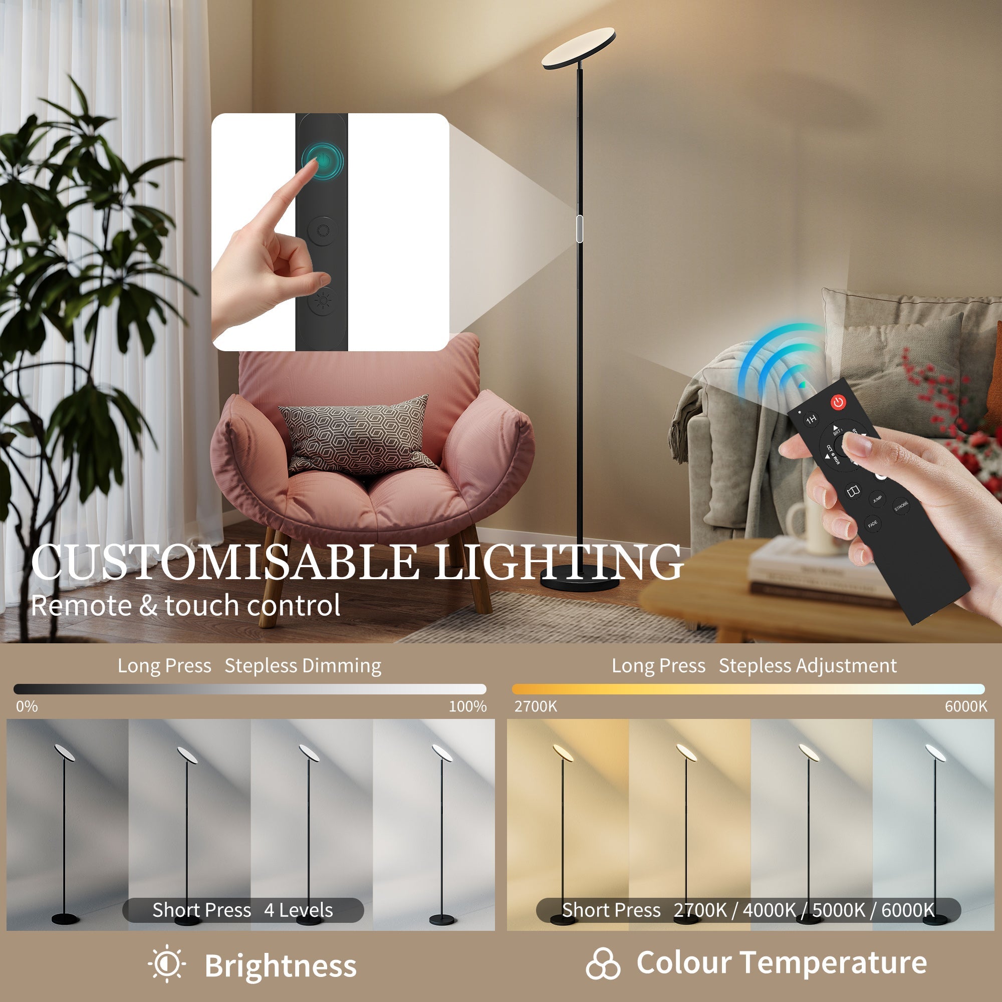 Tall Dimmable Standing Lamp with Remote & Touch Control