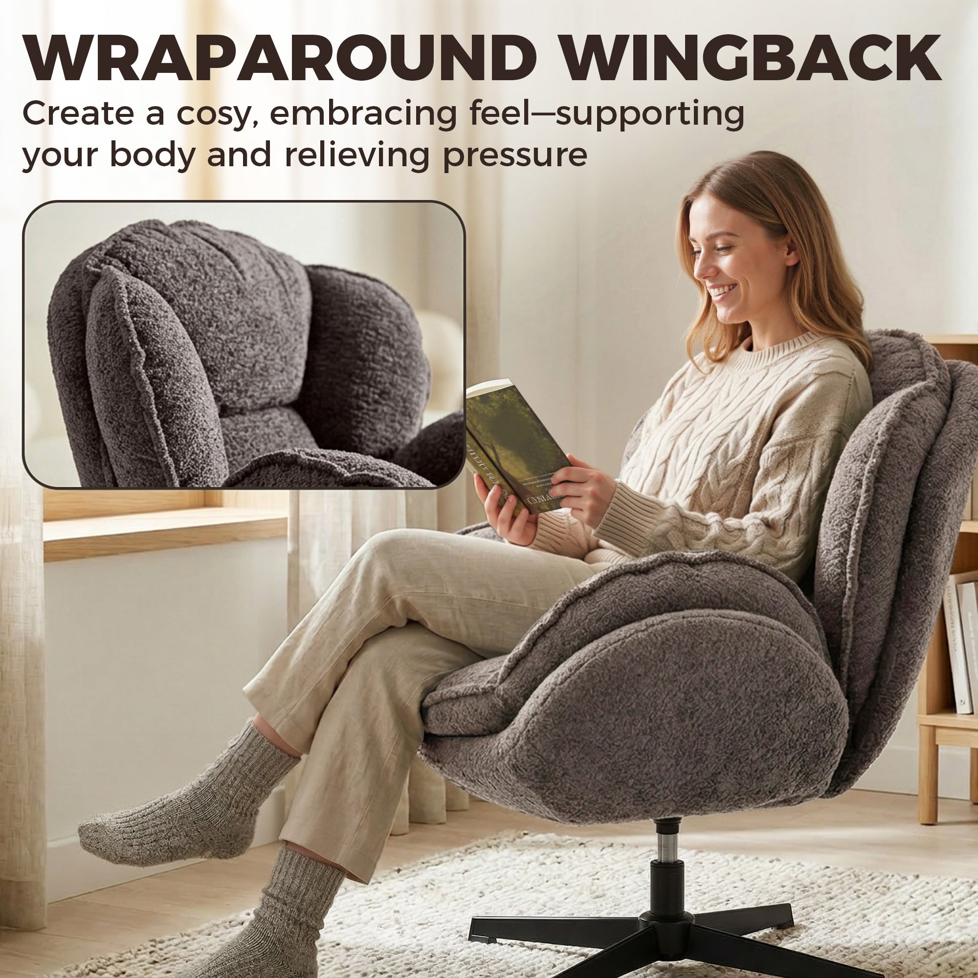 Modern Wingback Velvet Accent Armchair with Four-Star Base, S-Springs