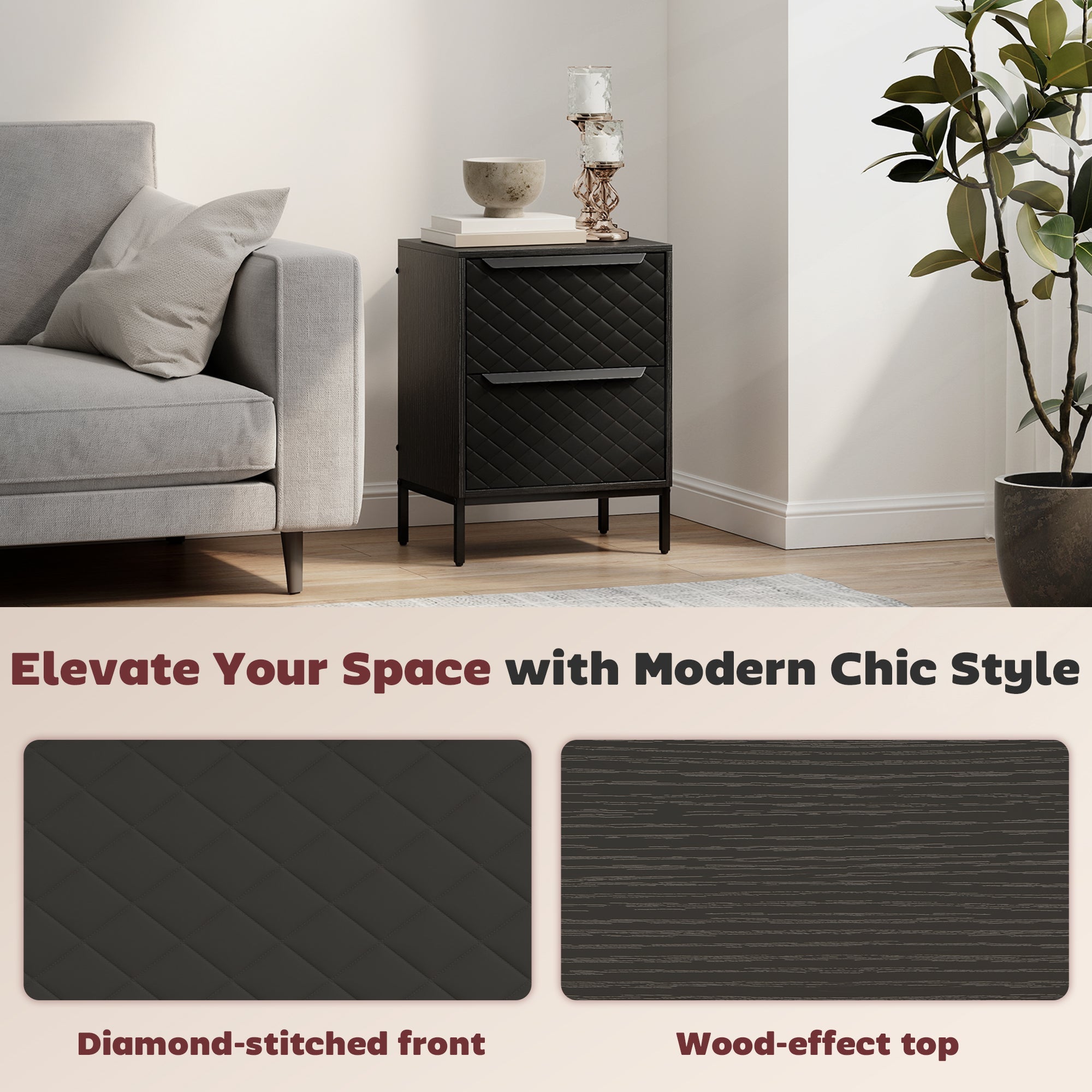 Chest of Drawers, Dresser with 2 Fabric Drawers - Black