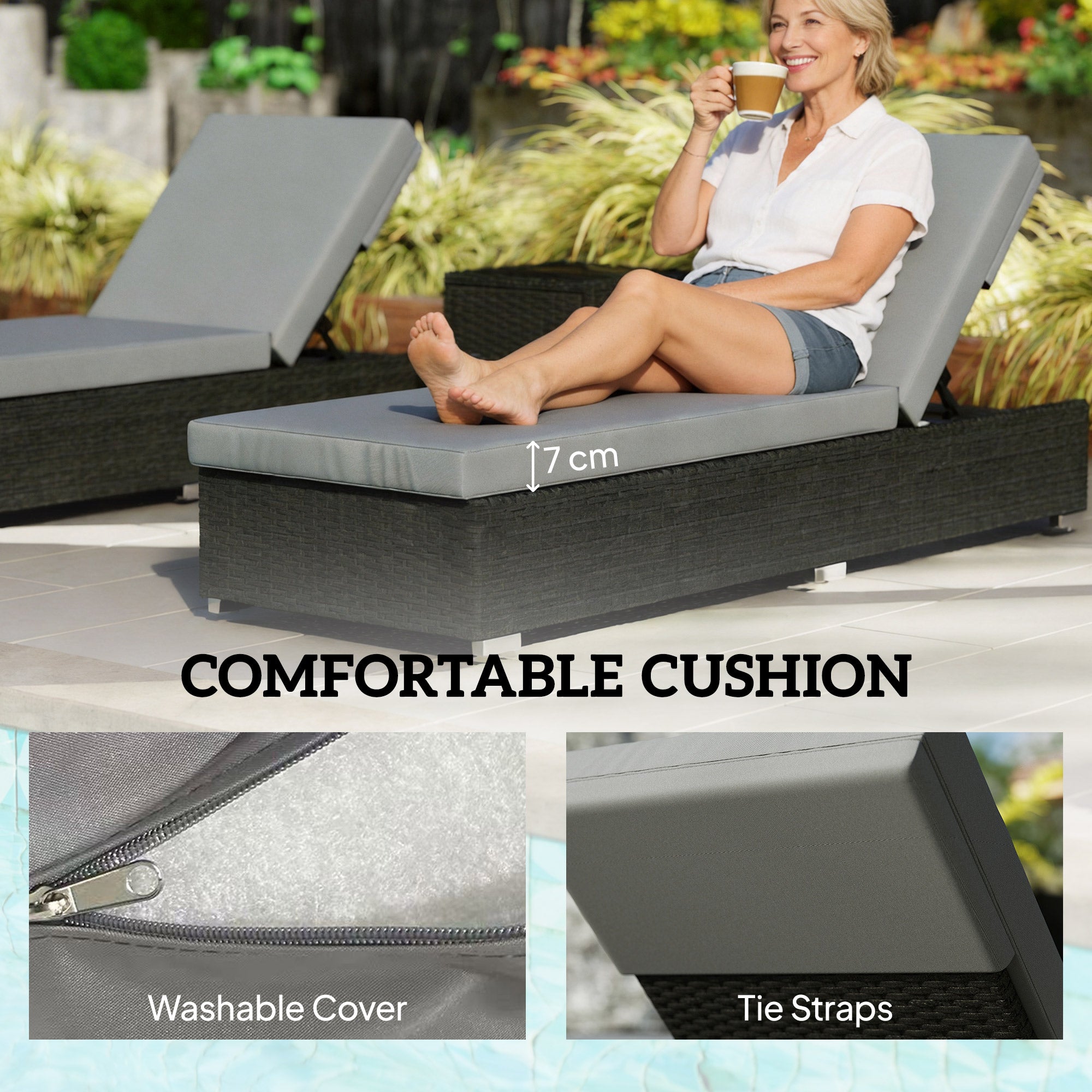 Rattan Adjustable Sun Loungers Set of 2 with Side Table, Recliner Sunbeds