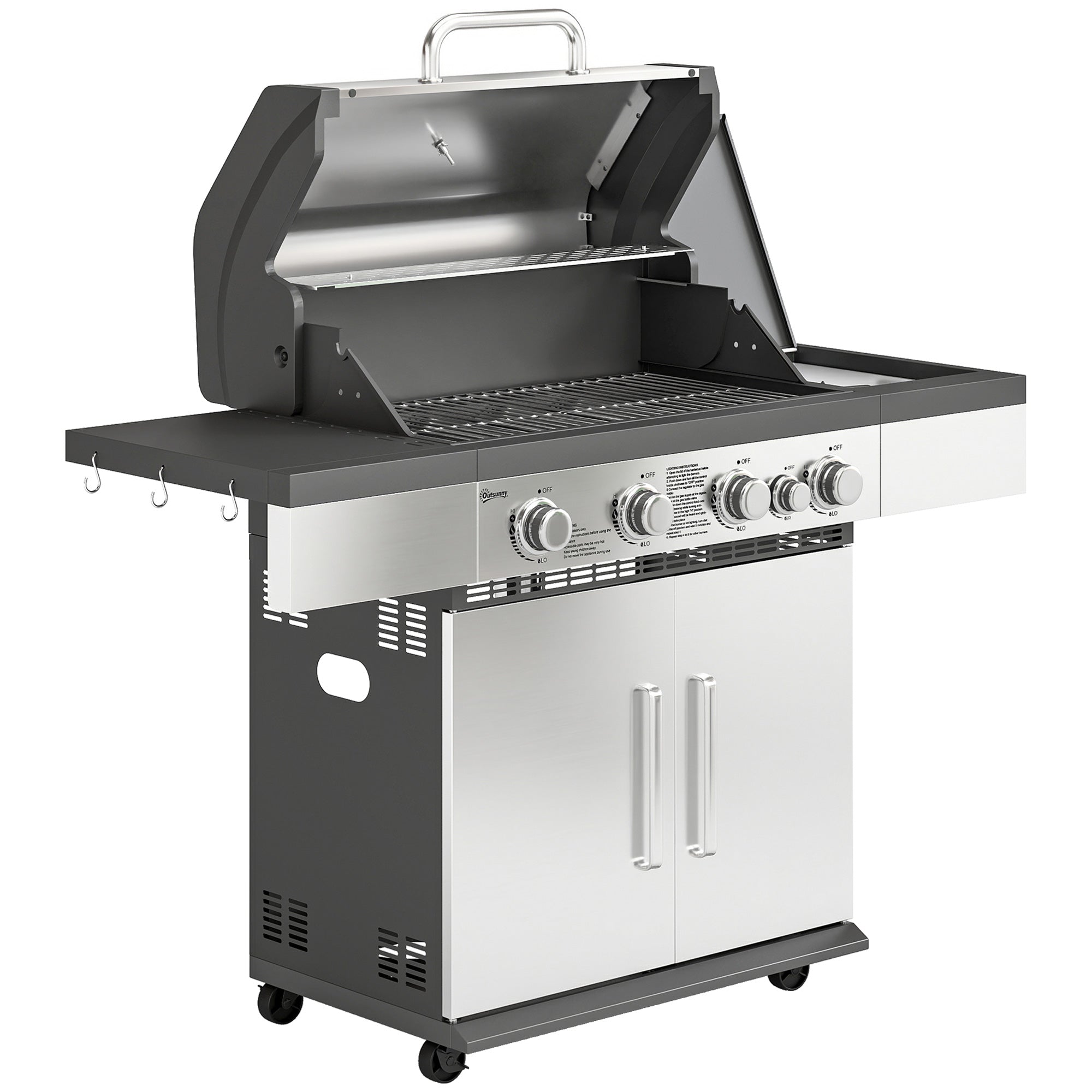 4+1 Portable Gas BBQ Grill with Side Burner, Warming Rack, Side Shelf, Storage Cabinet