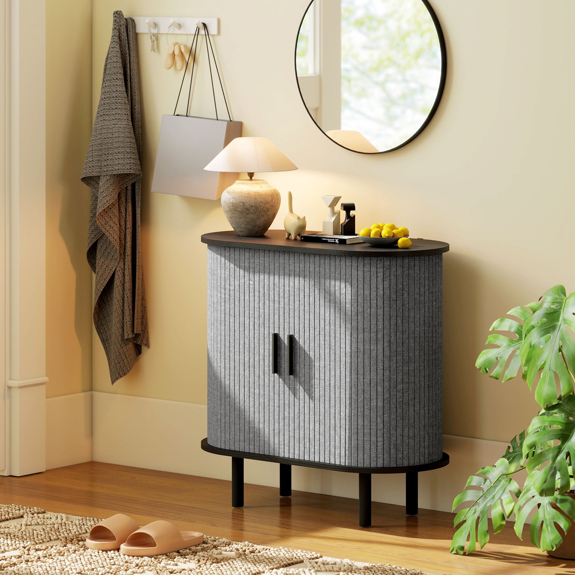 Tambour Sideboard with Fluted Sliding Doors,Wooden Legs