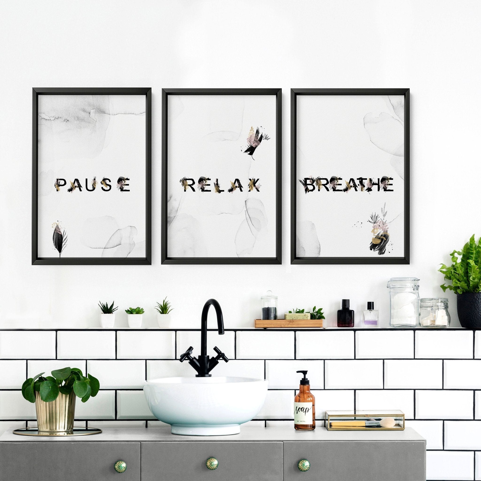 Relaxing Black & Pink Bathroom Art Set of 3