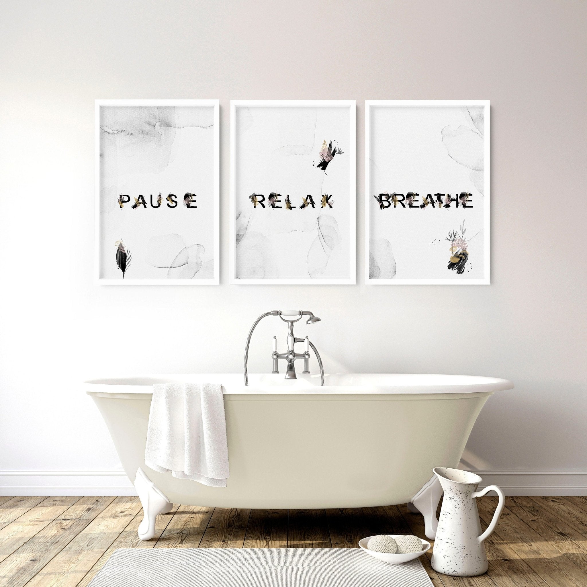 Relaxing Black & Pink Bathroom Art Set of 3