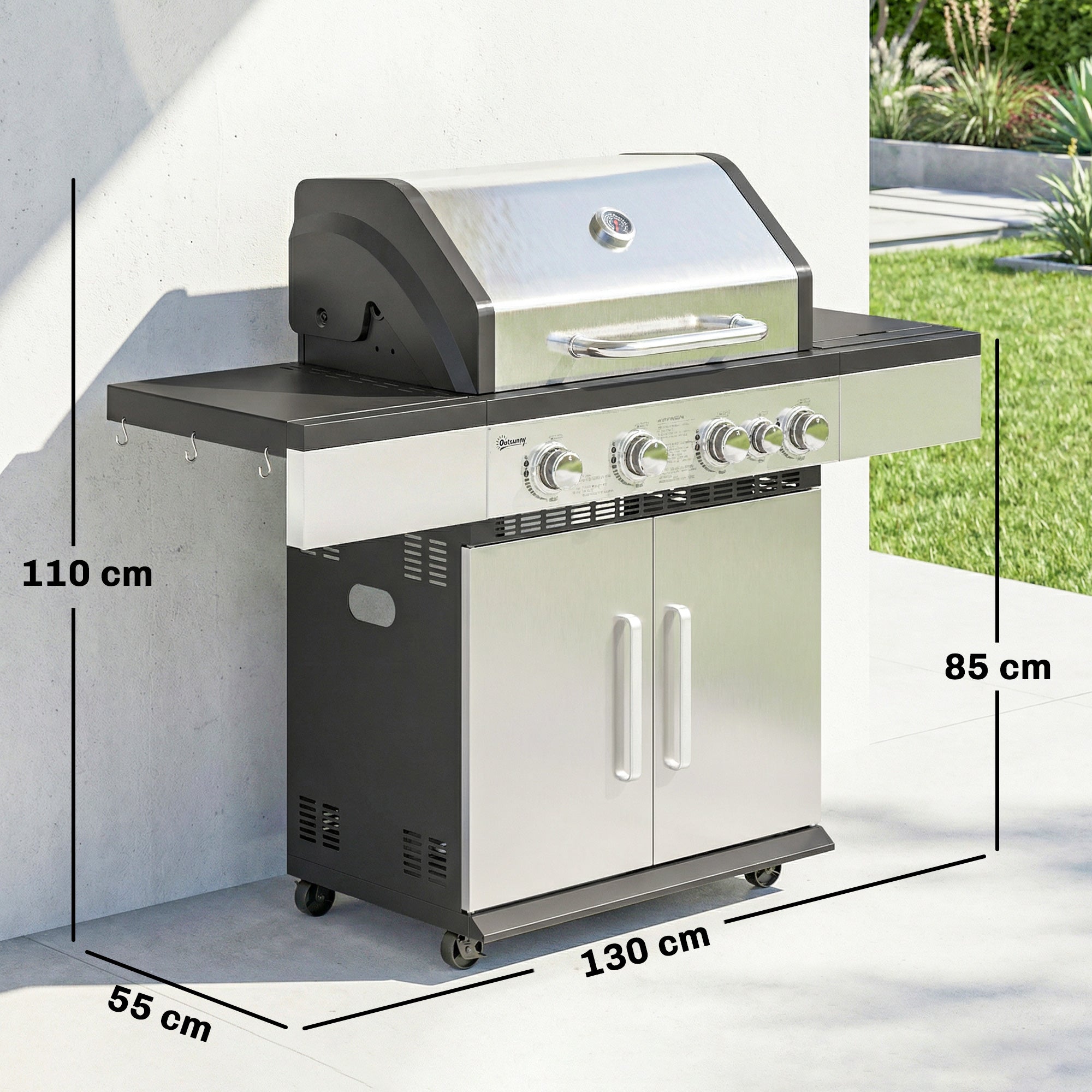4+1 Portable Gas BBQ Grill with Side Burner, Warming Rack, Side Shelf, Storage Cabinet