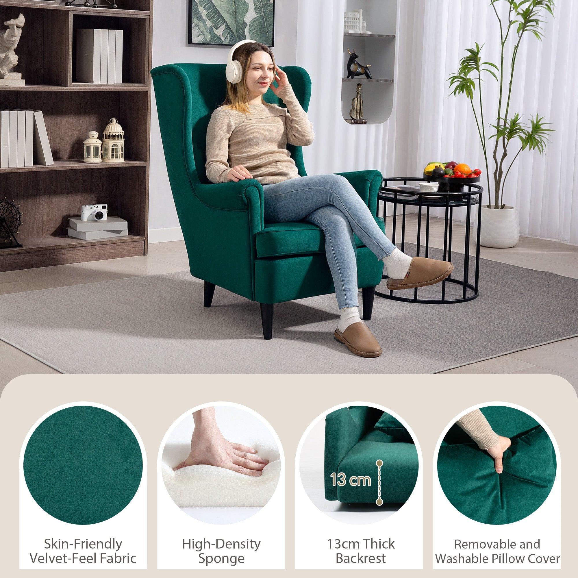 Modern Accent Chair with High Backrest and Pillow, Velvet-Feel Fabric