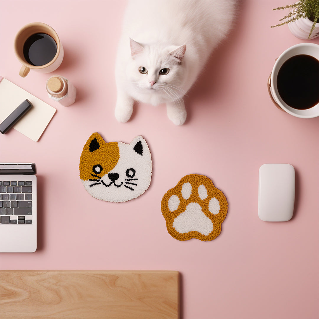 Cat & Paw Punch Needle Coaster | Set of 6