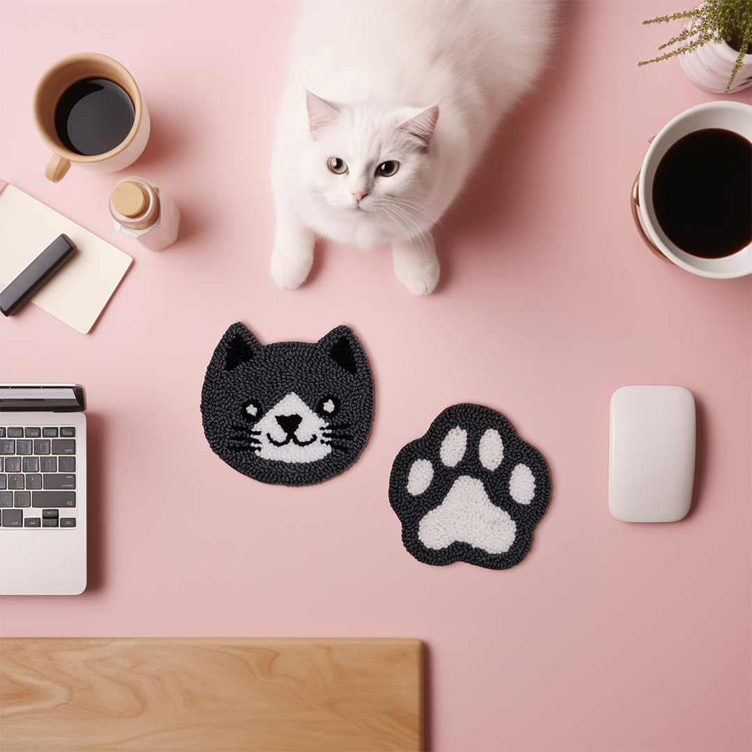 Cat & Paw Punch Needle Coaster | Set of 6