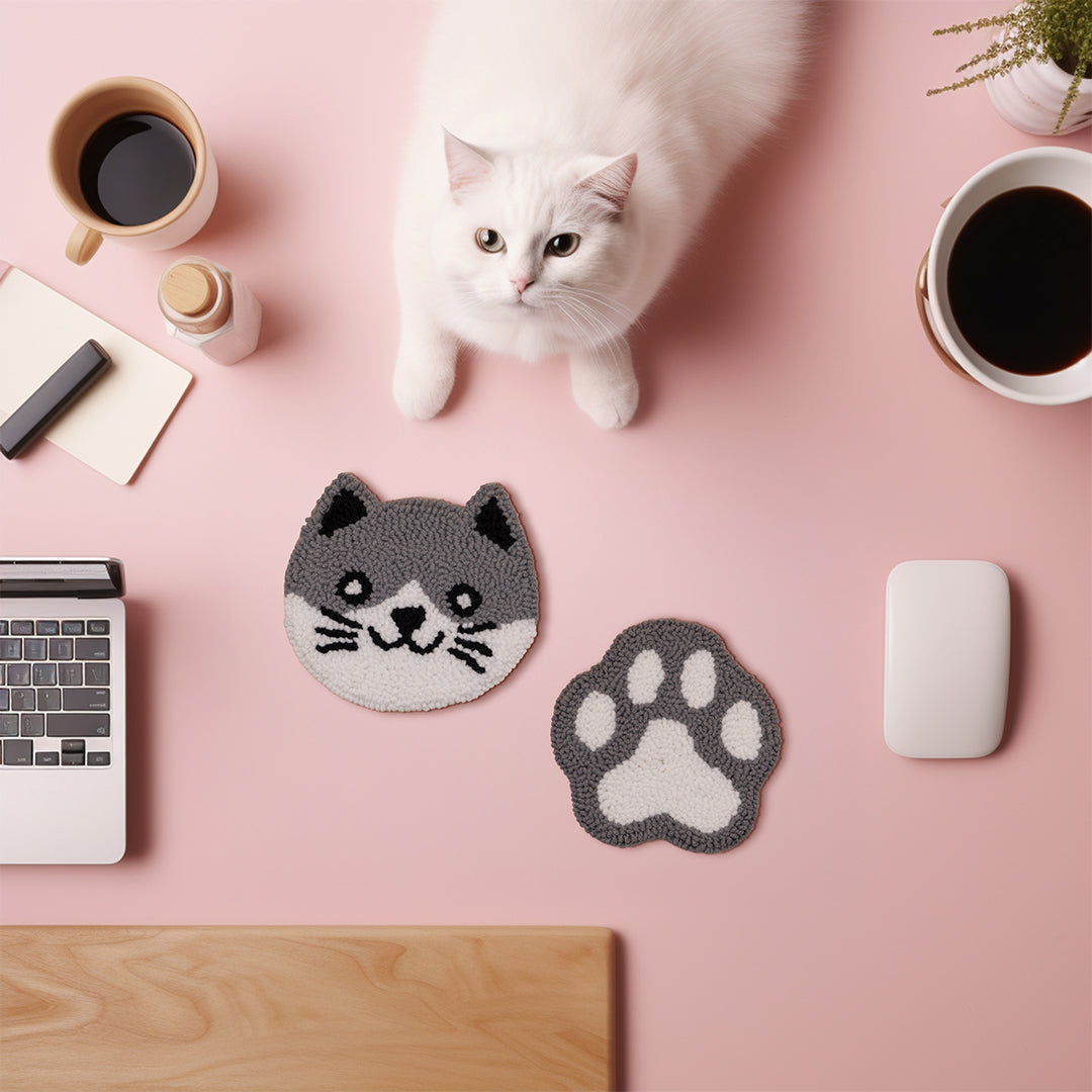 Cat & Paw Punch Needle Coaster | Set of 6