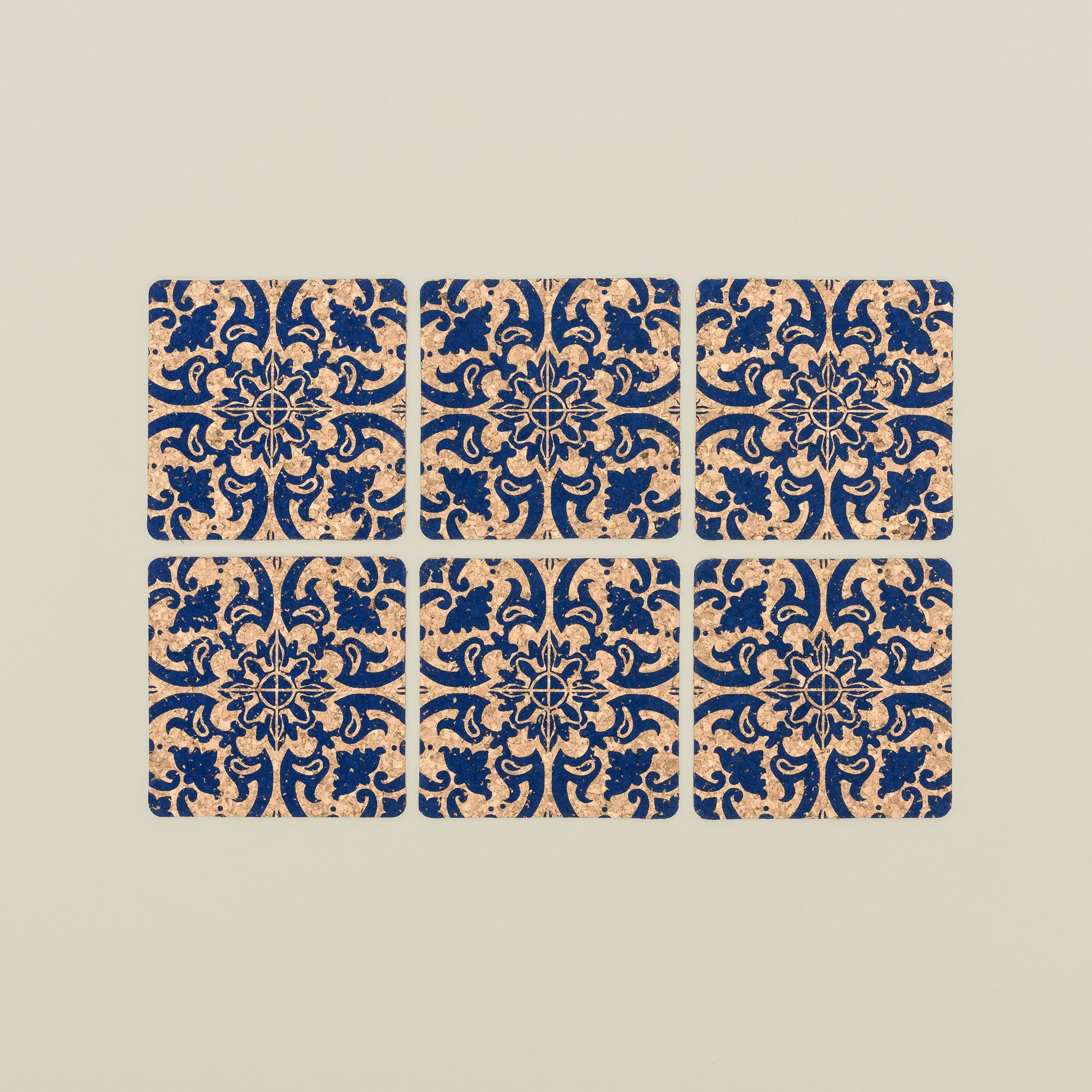 Square Cork Coasters with Tile Design - Set of 6