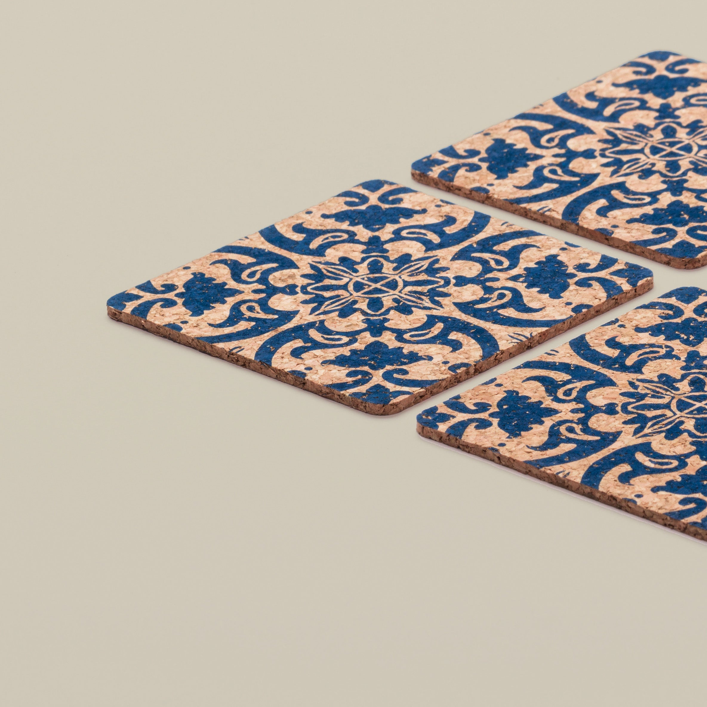 Square Cork Coasters with Tile Design - Set of 6