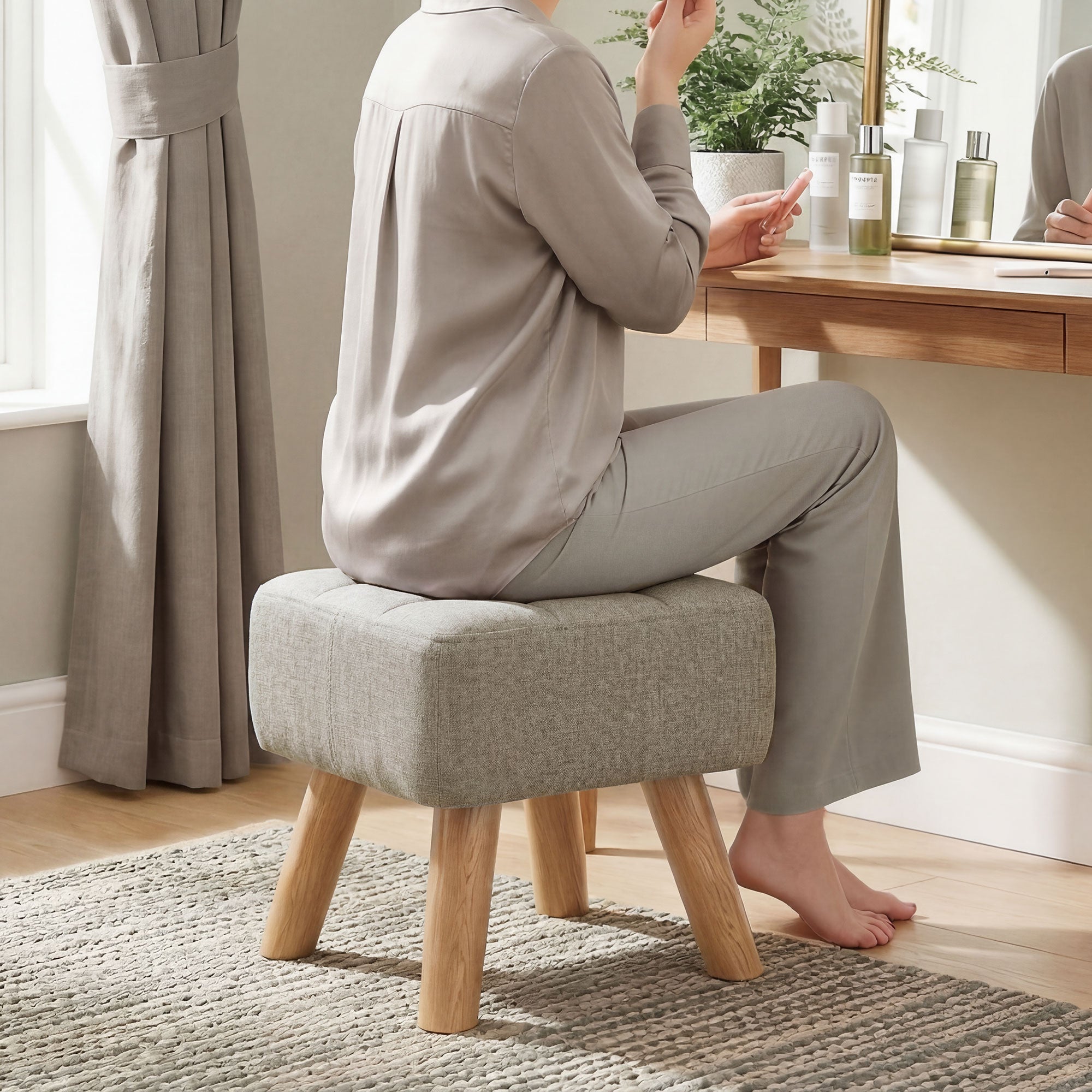 Linen-Look Square Padded Footstool - Light Brown