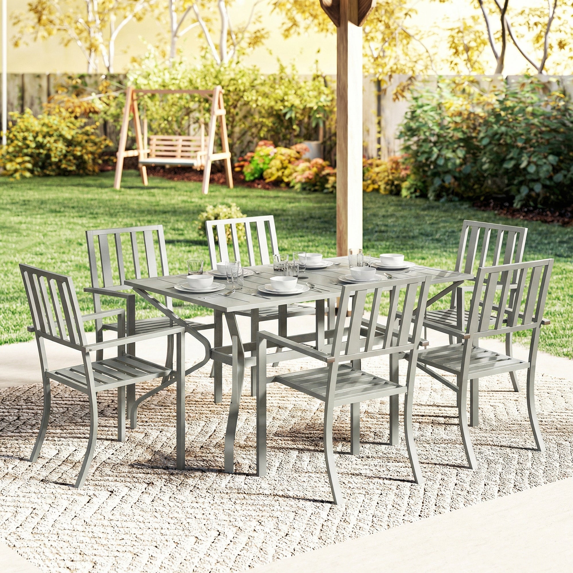 7 Pieces Garden Table and Chairs, 6 Seater Outdoor Table and Chairs with Umbrella Hole,